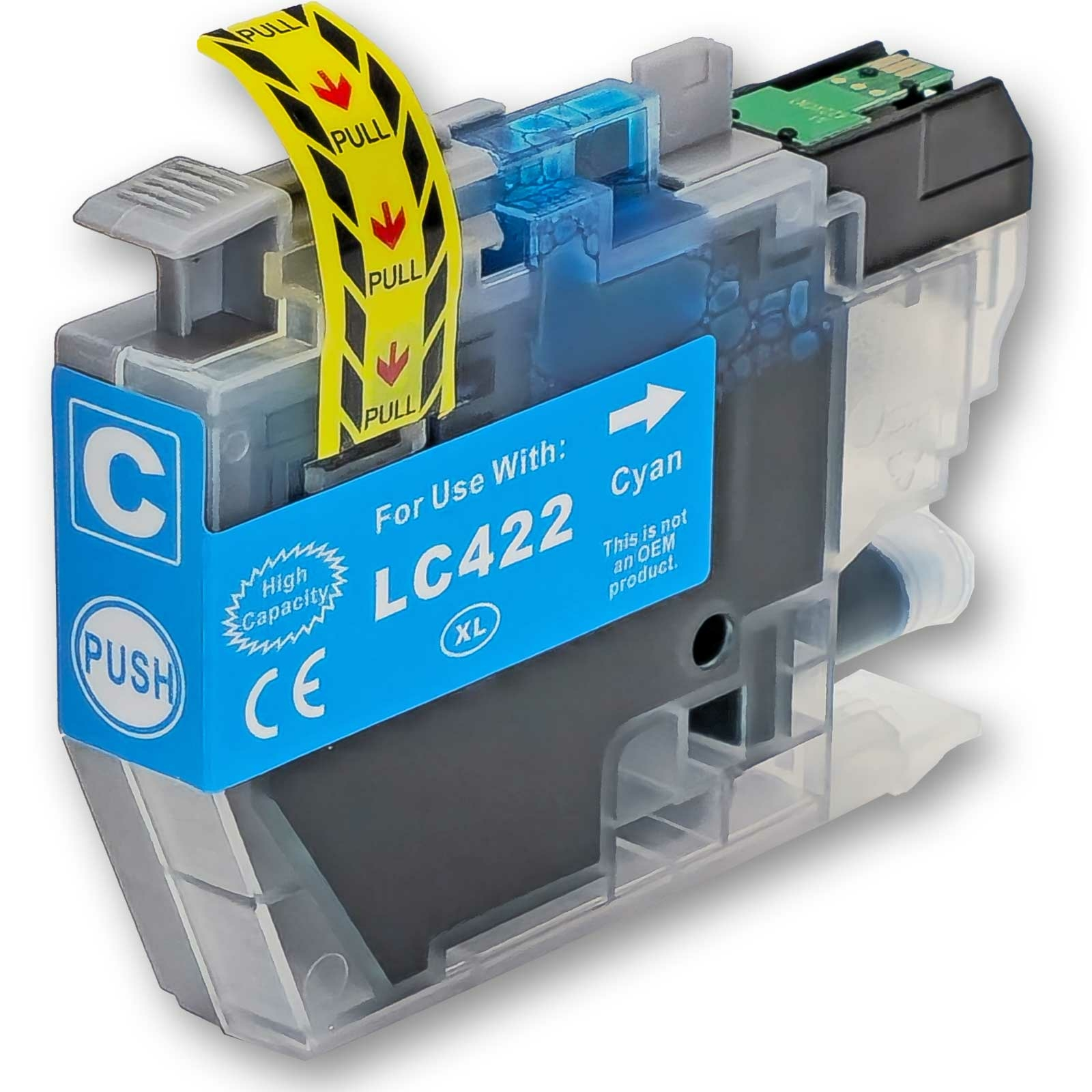 Cyanfarbene Tintenpatrone mit Zuglasche und der Bezeichnung LC422. Die Patrone ist cyanfarben.