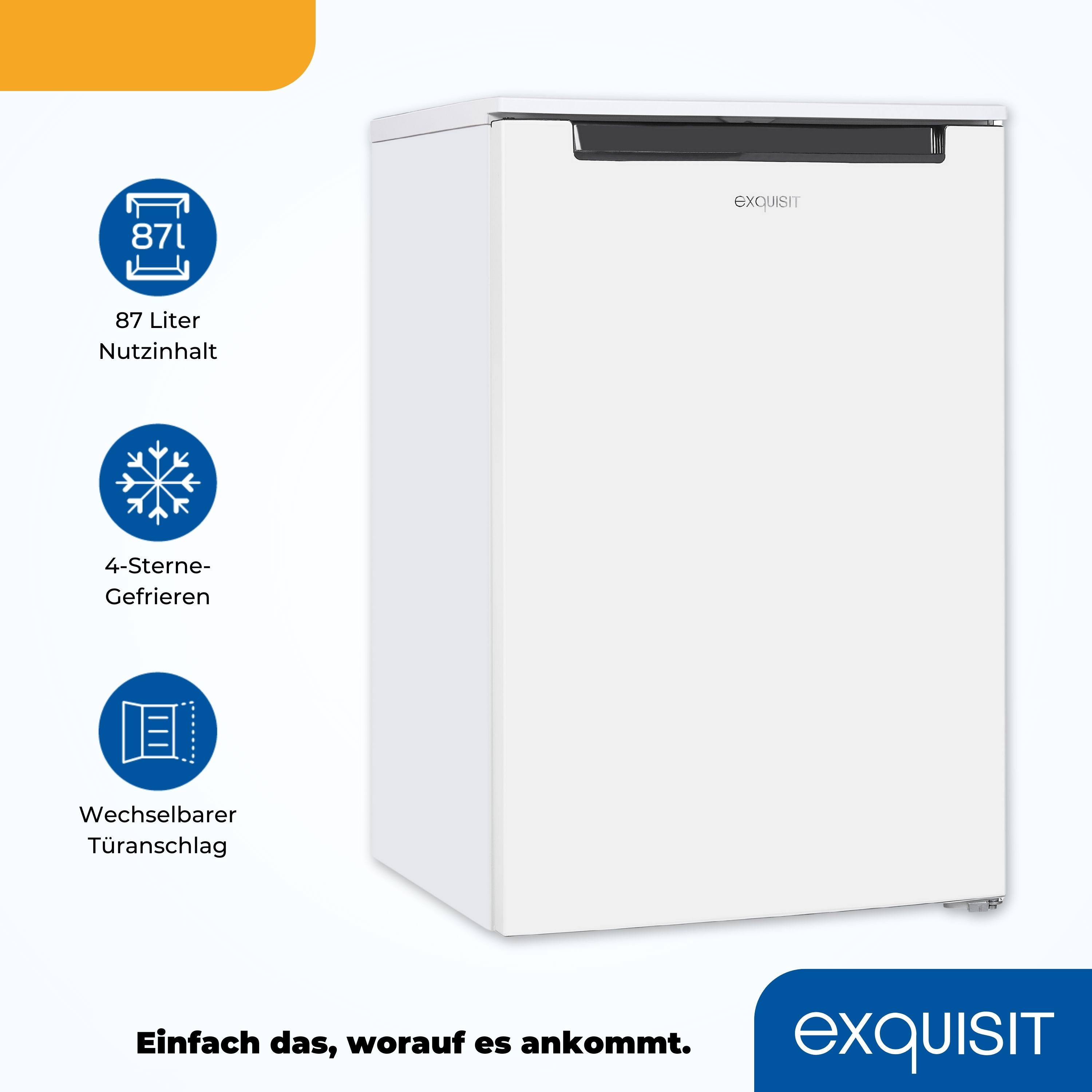 Witte Exquisit koelkast met pictogrammen voor capaciteit, vriezen en deurscharnier.
