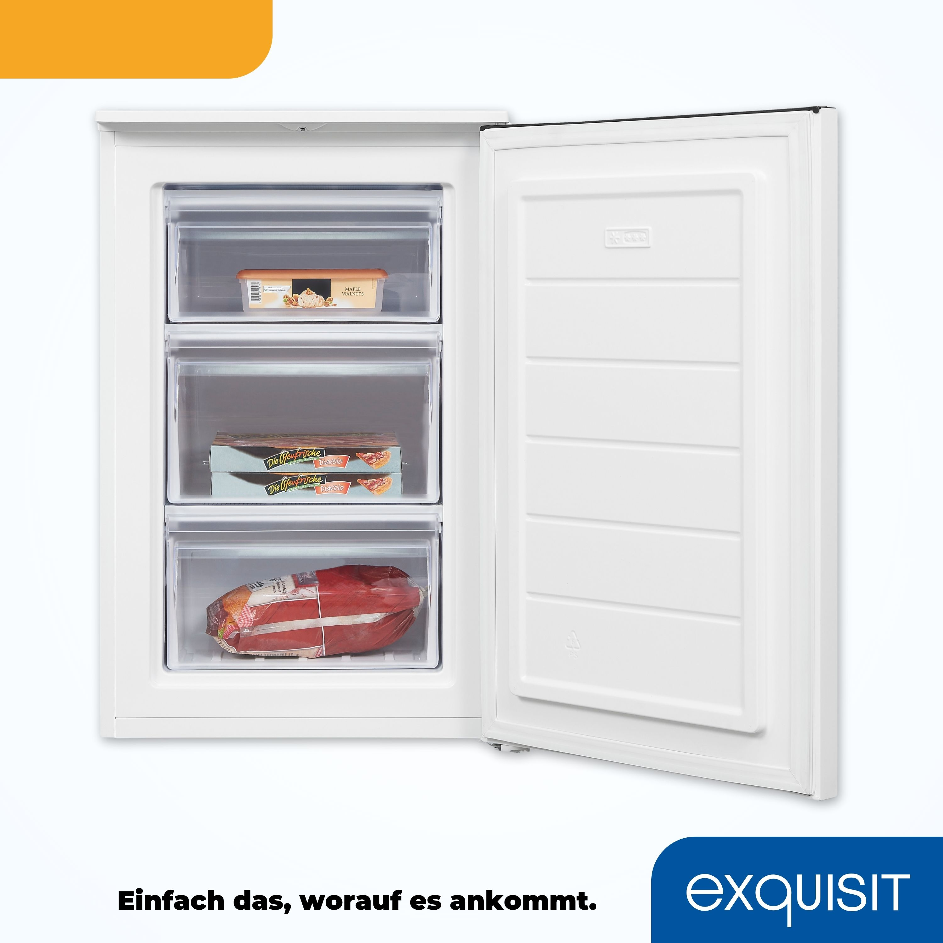 Witte koelkast met drie open laden, die voedselopslag laat zien.