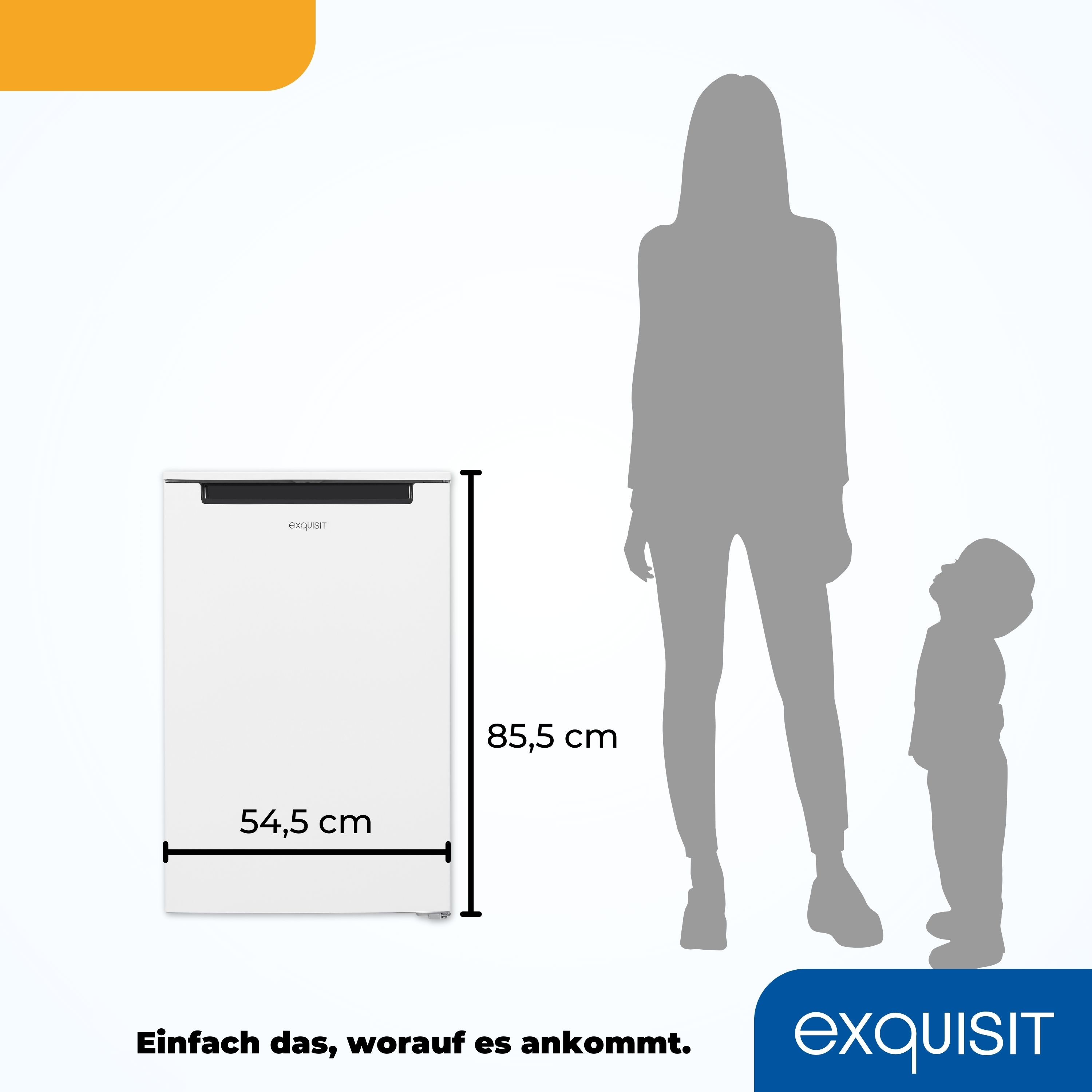 Een witte koelkast met afmetingen weergegeven naast een persoon en een kind silhouet.