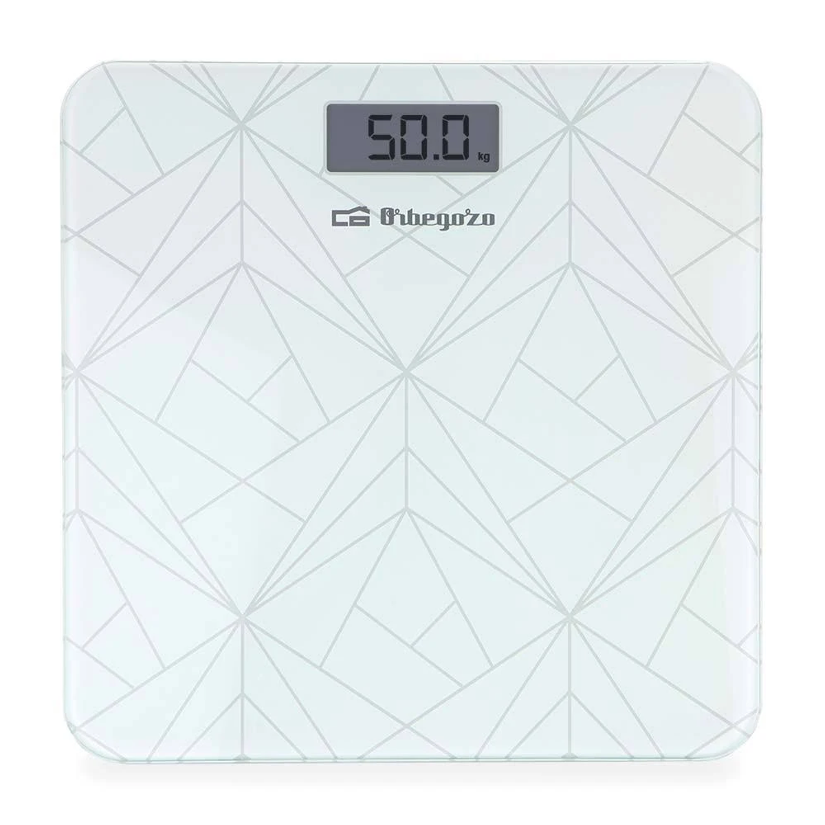 Biała waga z geometrycznym wzorem, wyświetlająca 50,0 kg na cyfrowym ekranie.
