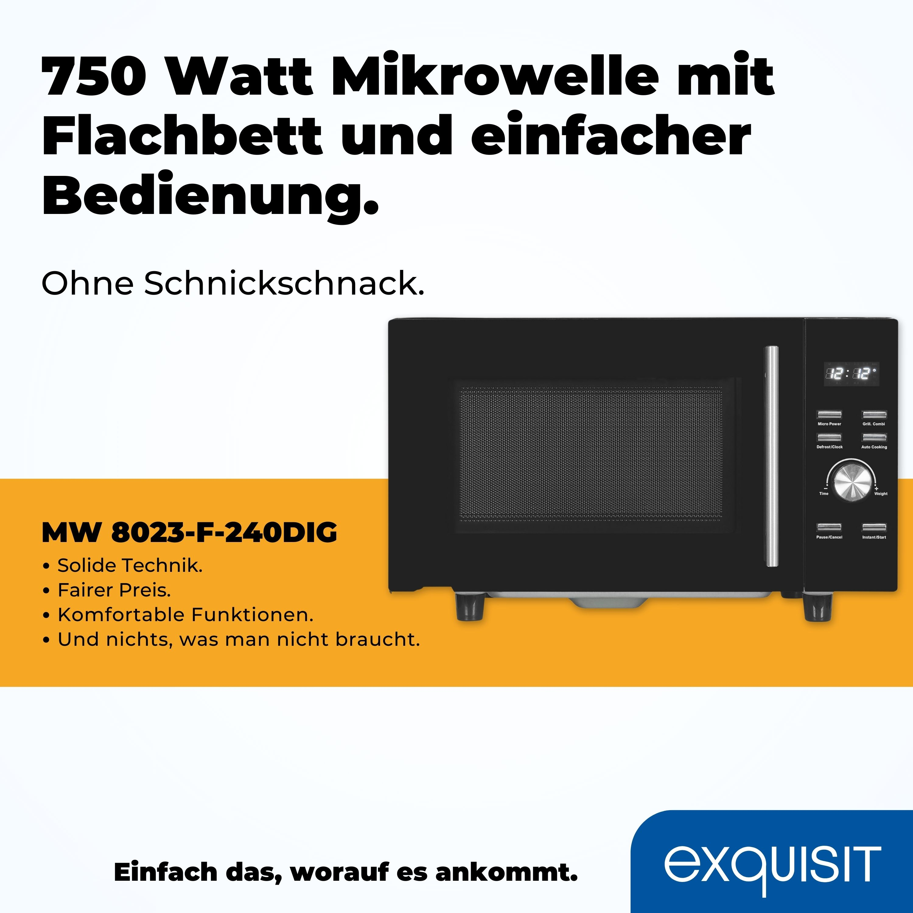 Schwarze Mikrowelle auf gelbem Hintergrund, mit Text, der Funktionen und Markennamen beschreibt.