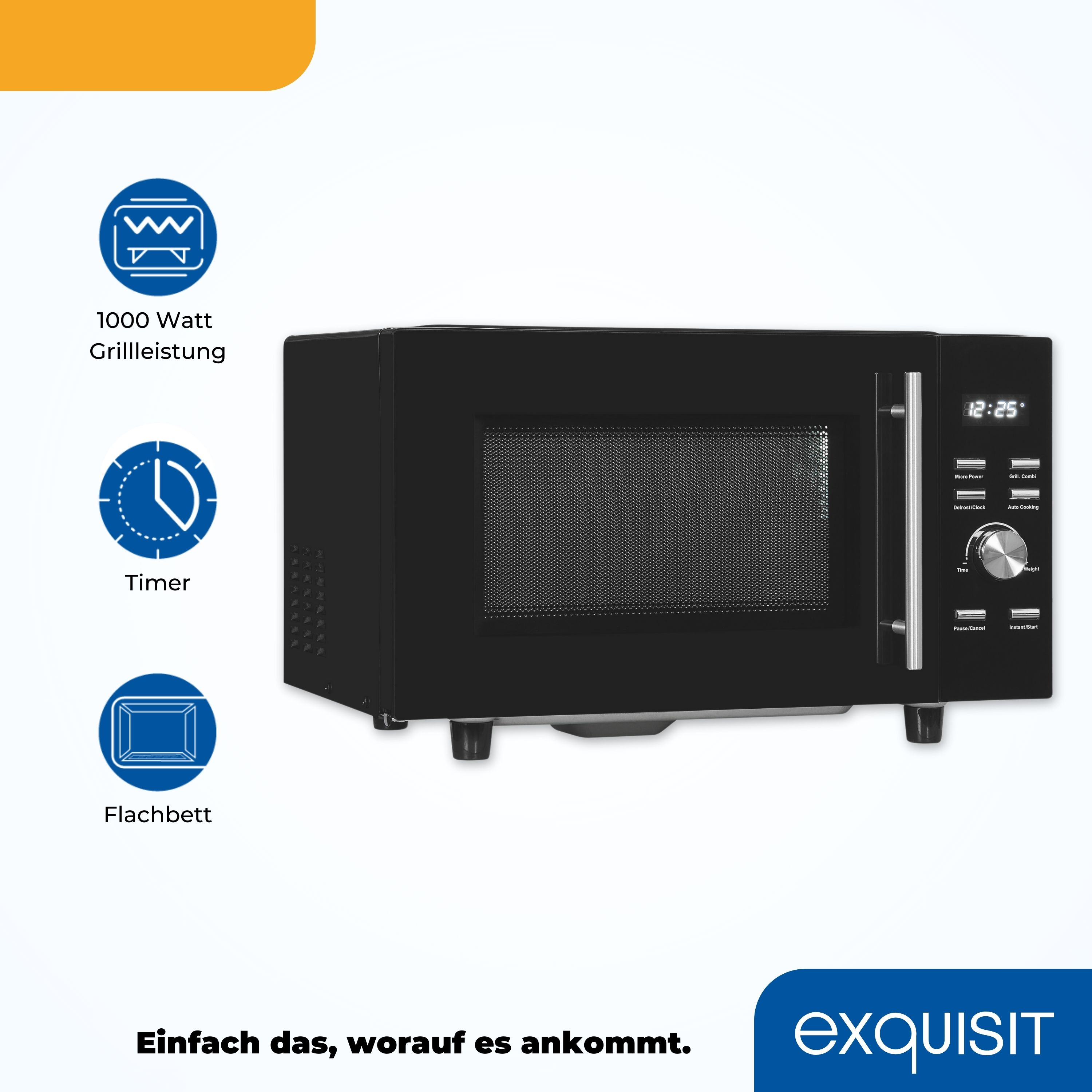 Schwarze Mikrowelle mit Digitalanzeige, Knöpfen und Symbolen. Sie verfügt über einen Timer und ein Flachbett-Design.