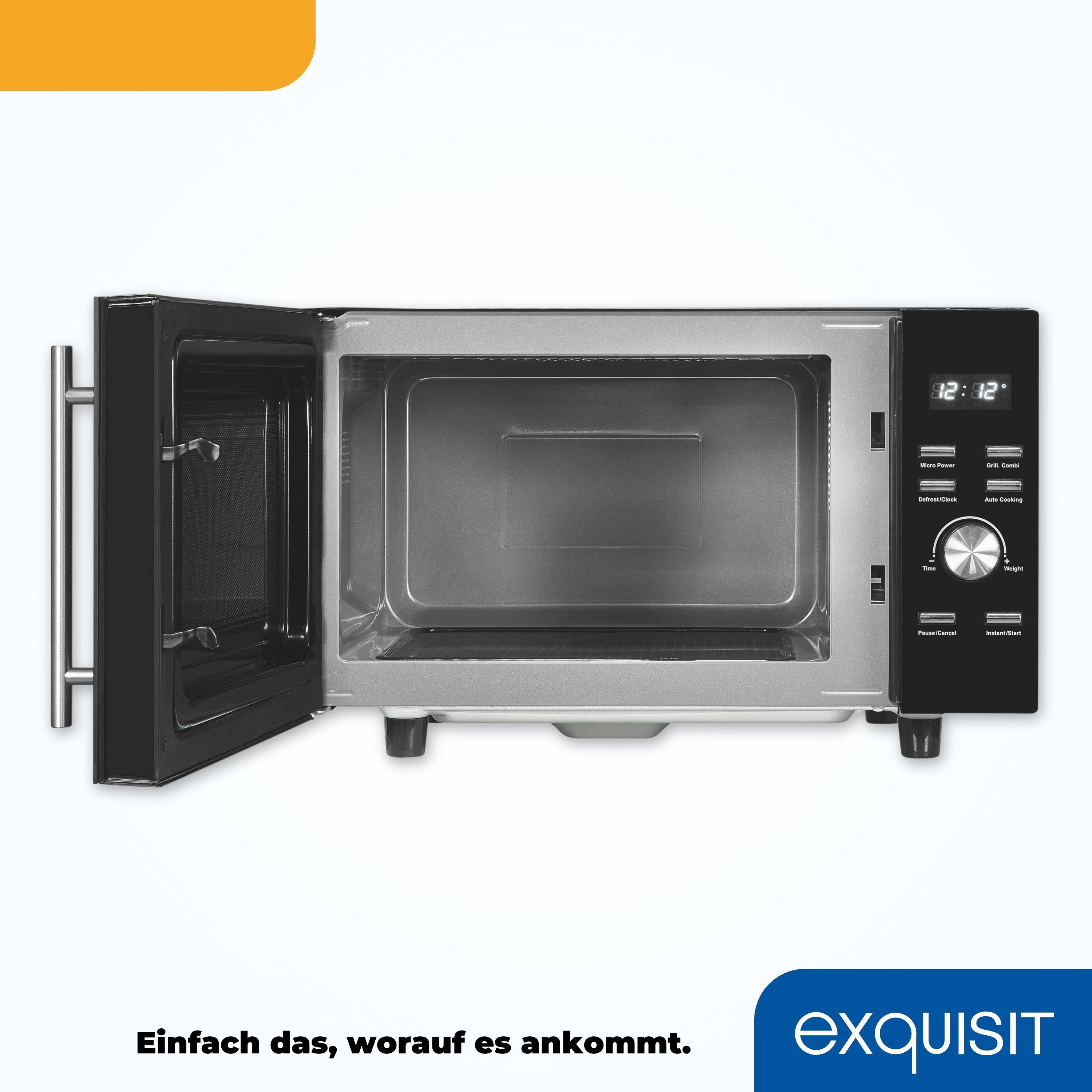 Ein Mikrowellenofen mit geöffneter Tür, der Innenraum und Bedienfeld zeigt.