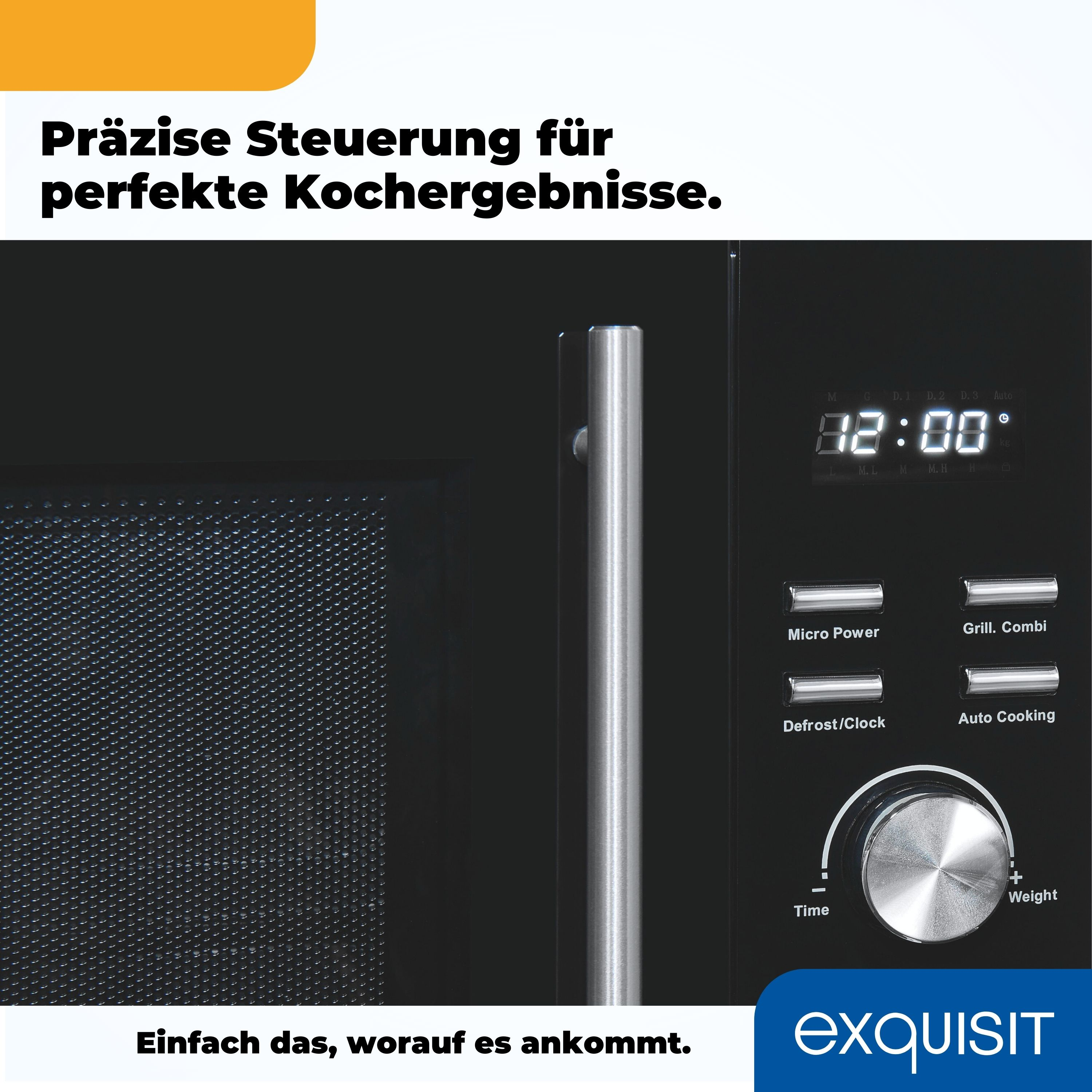 Nahaufnahme einer schwarzen Mikrowelle mit Digitalanzeige und Bedienfeld, weißer Hintergrund.