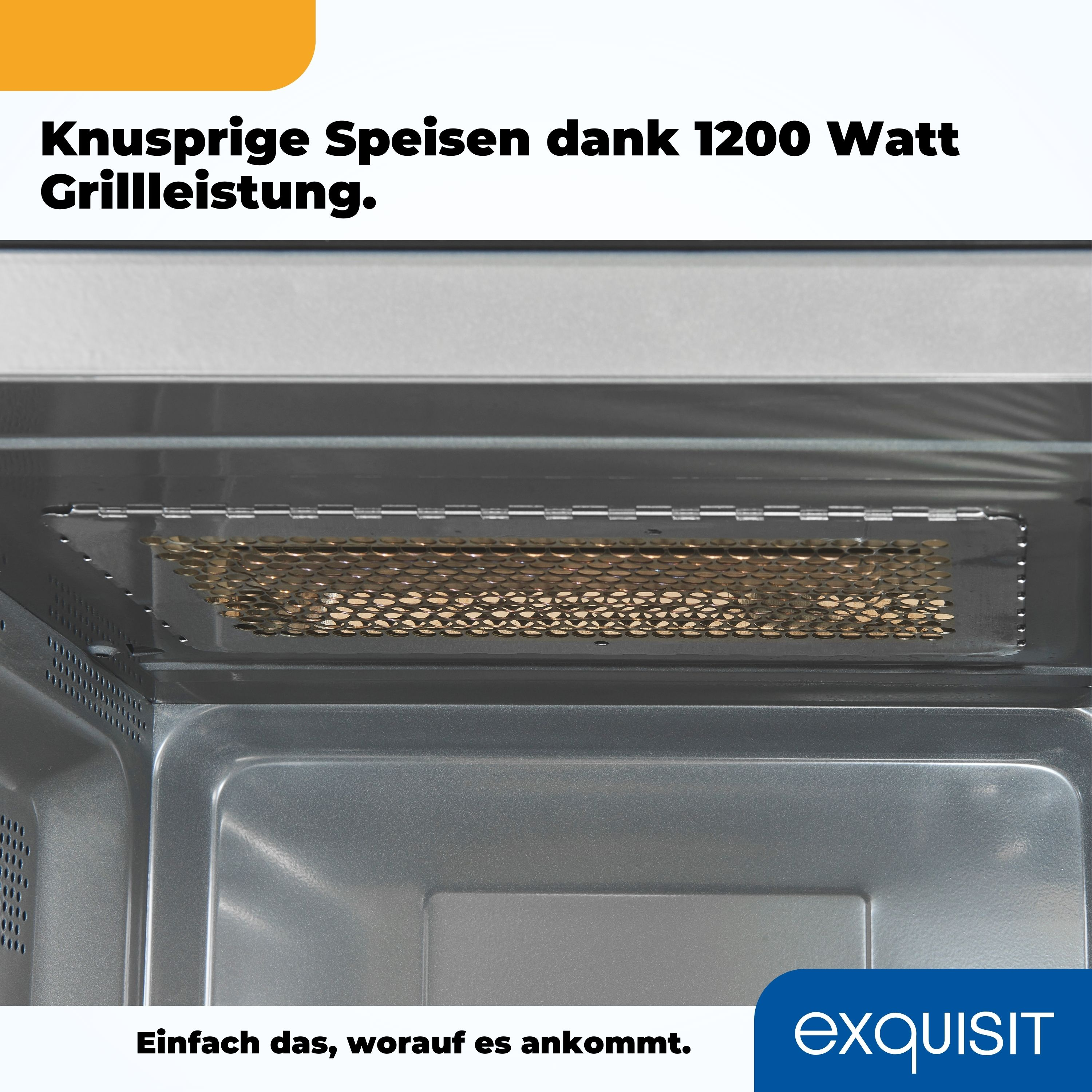 Im Inneren einer Mikrowelle. Ein Metallgrill ist sichtbar. Text auf Deutsch lautet: "Knusprige Speisen dank 1200 Watt Grillleistung".
