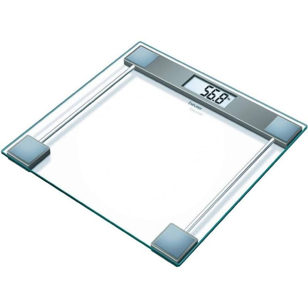 Una bilancia digitale bianca e grigia con un display che mostra 56,8.