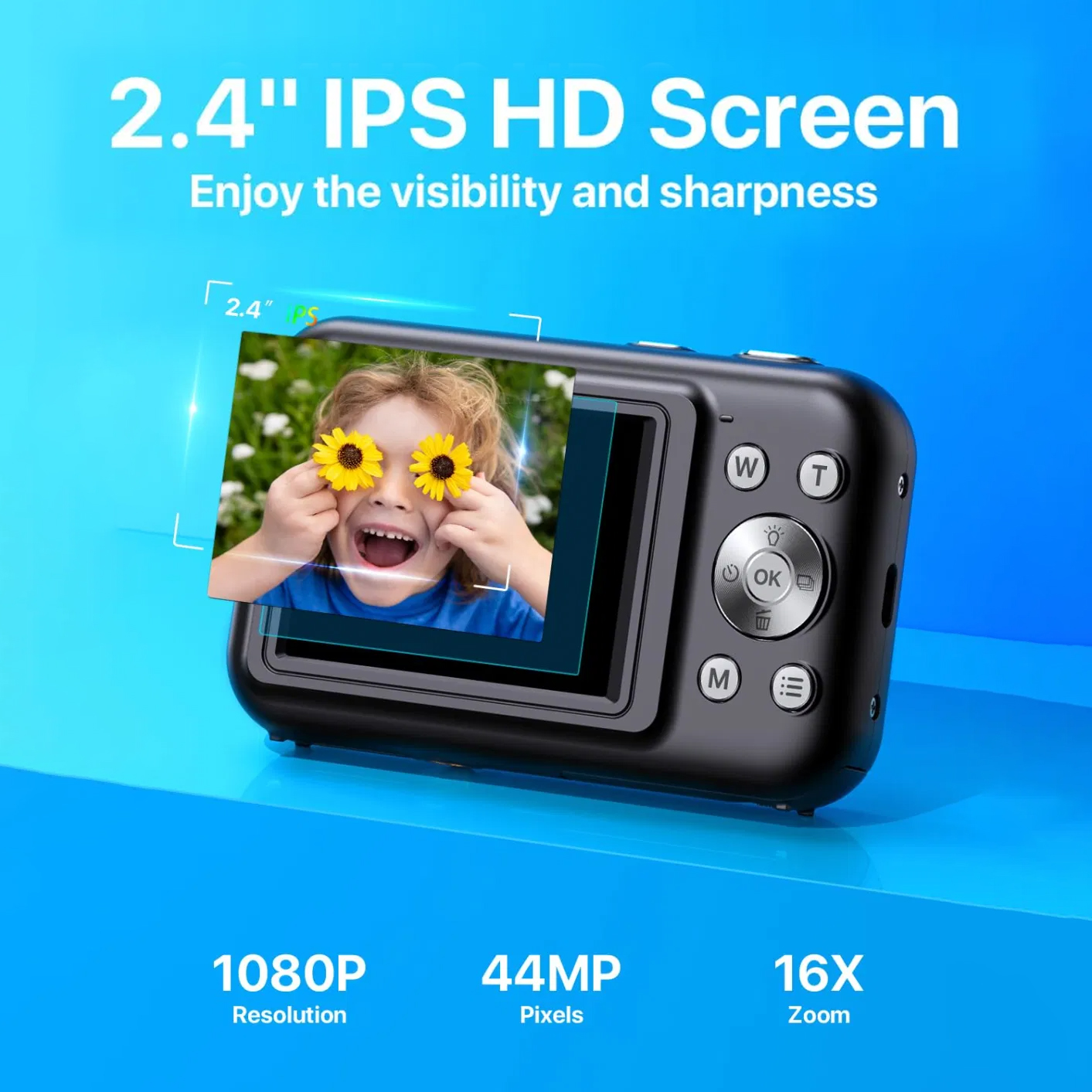 Czarny aparat cyfrowy z małym ekranem, na którym widać dziecko z słonecznikami w oczach.