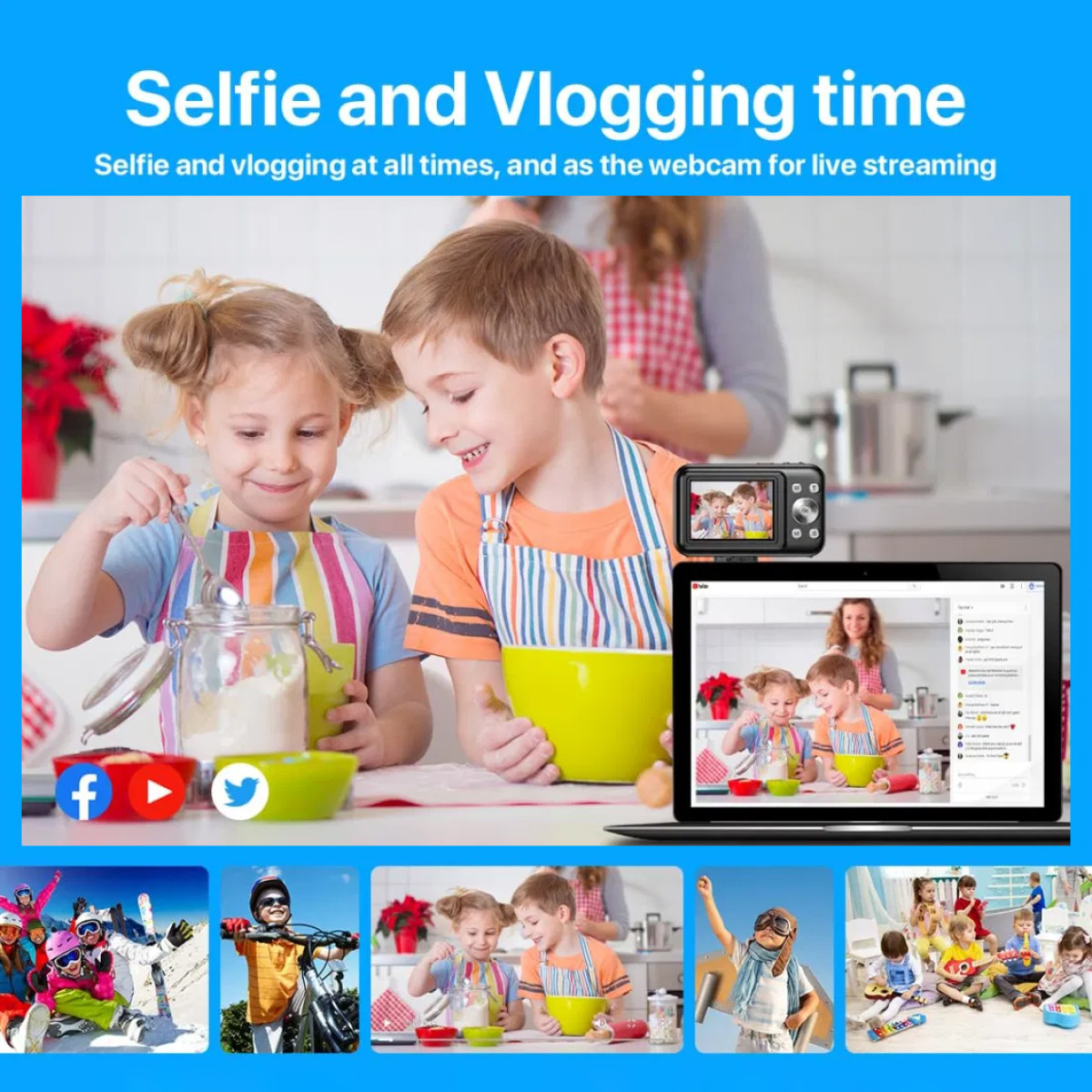 Dzieci vlogują i patrzą na ekran laptopa z wieloma ikonami i dziećmi z kreskówek, obecny jest aparat.