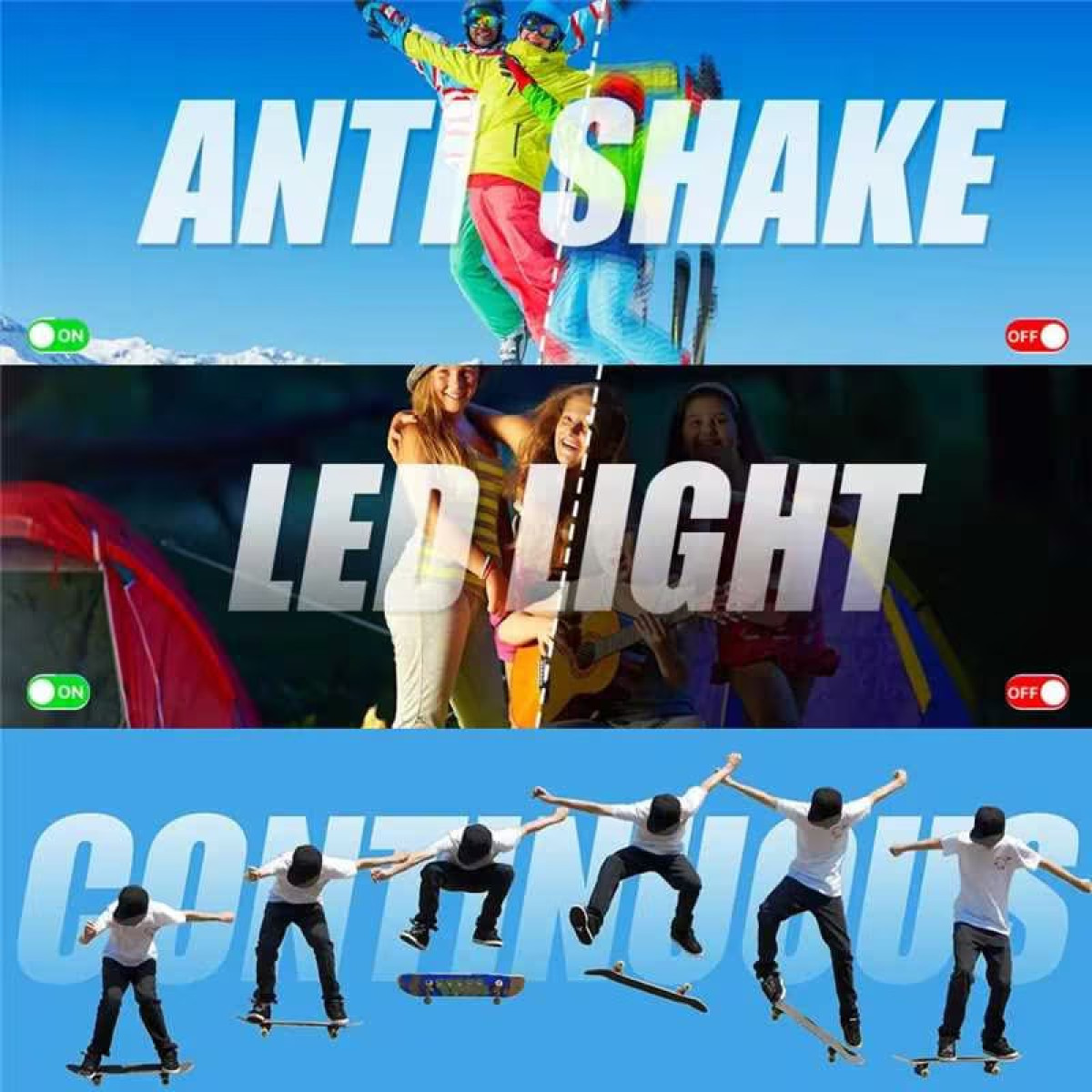 Trzy sceny: Ludzie skaczą, z tekstem: Antywstrząsowy, Światło LED i Ciągły.
