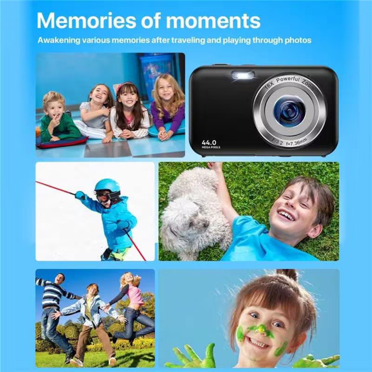 Kolaż zdjęć z dziećmi. Pokazano również aparat. Tekst mówi: Wspomnienia chwil.