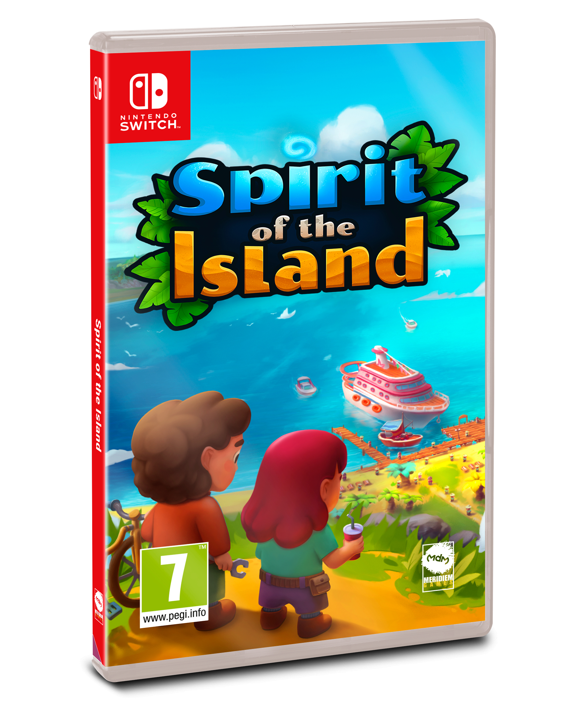 Caja de juego de Spirit of the Island. Dos personajes en la playa, barco e isla. Logotipo de Nintendo Switch.