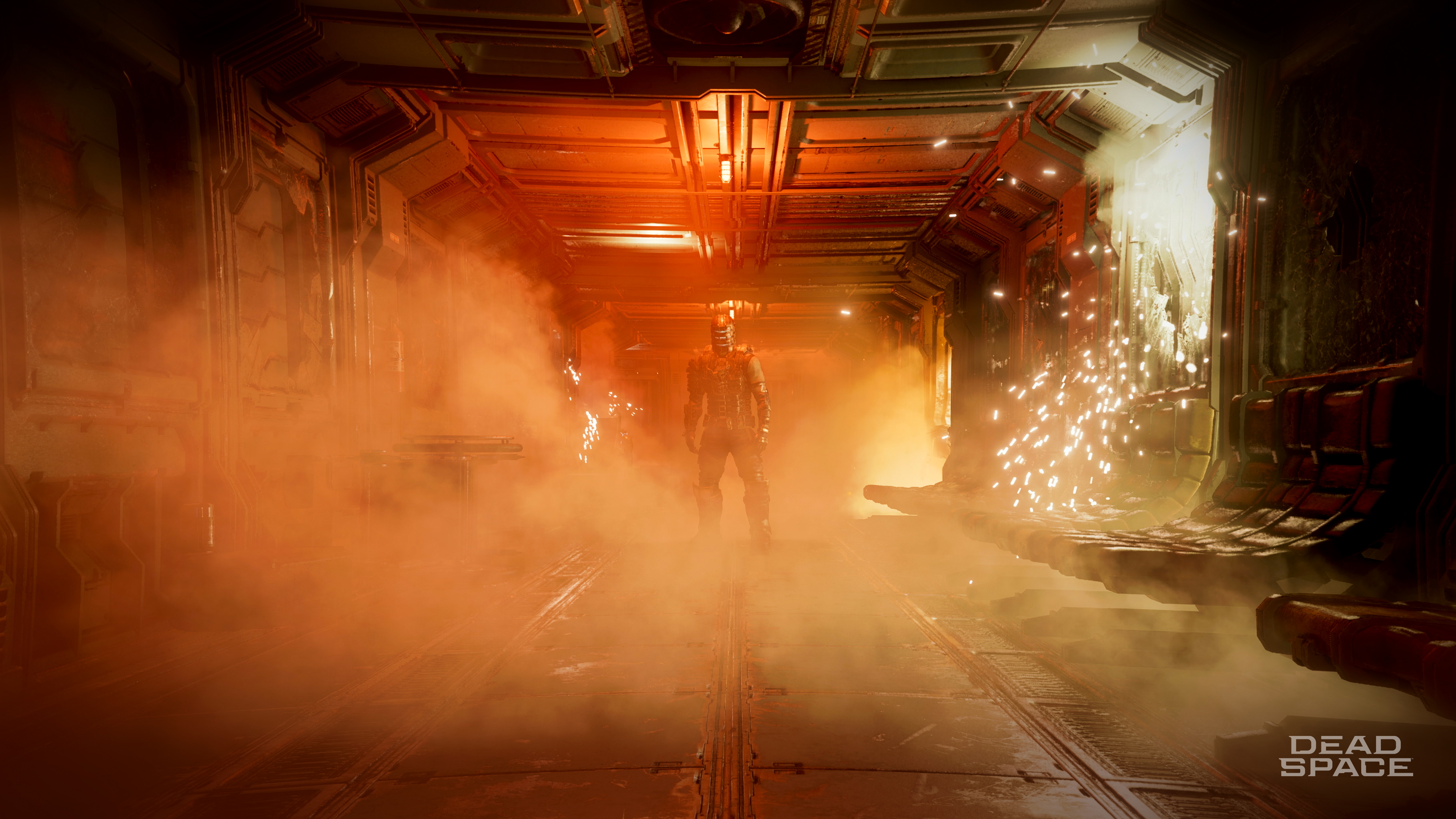 Scena z gry Dead Space: postać w korytarzu z dymem i iskrami.