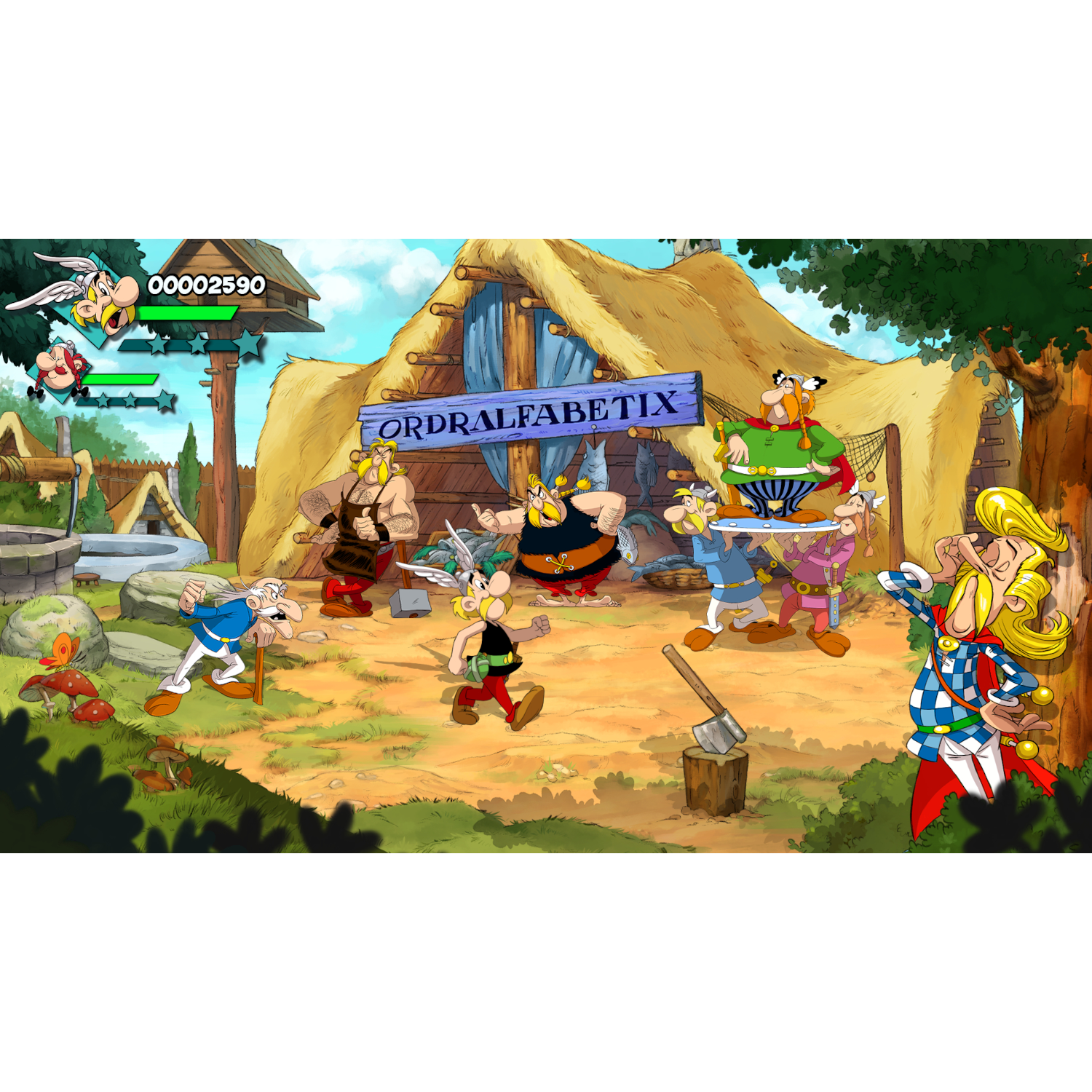 Scena z kreskówki z postaciami z Asteriksa. Drewniana chata z banerem.