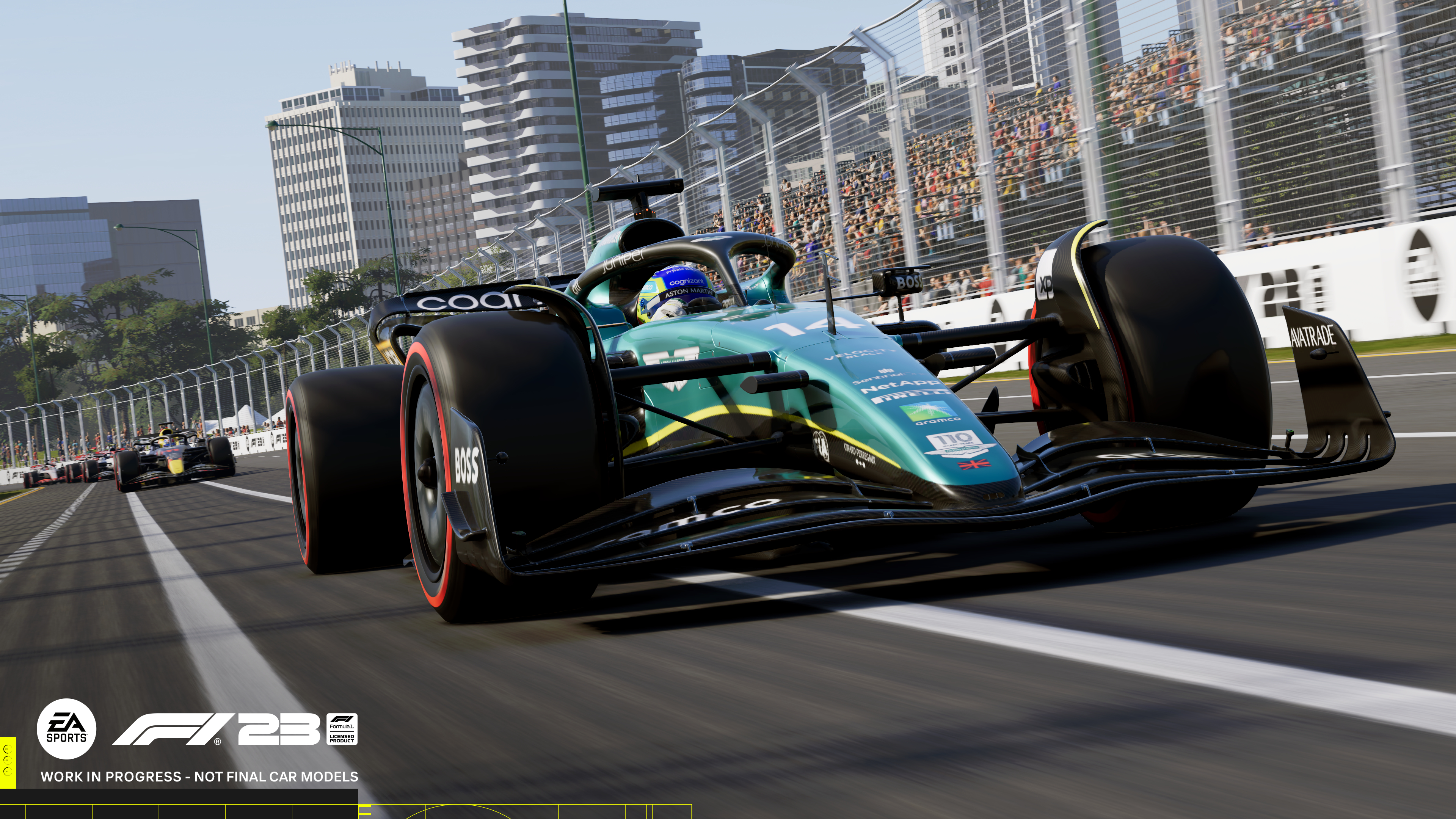 Samochód wyścigowy F1 na torze, z rozmytym tłem i logo EA Sports.