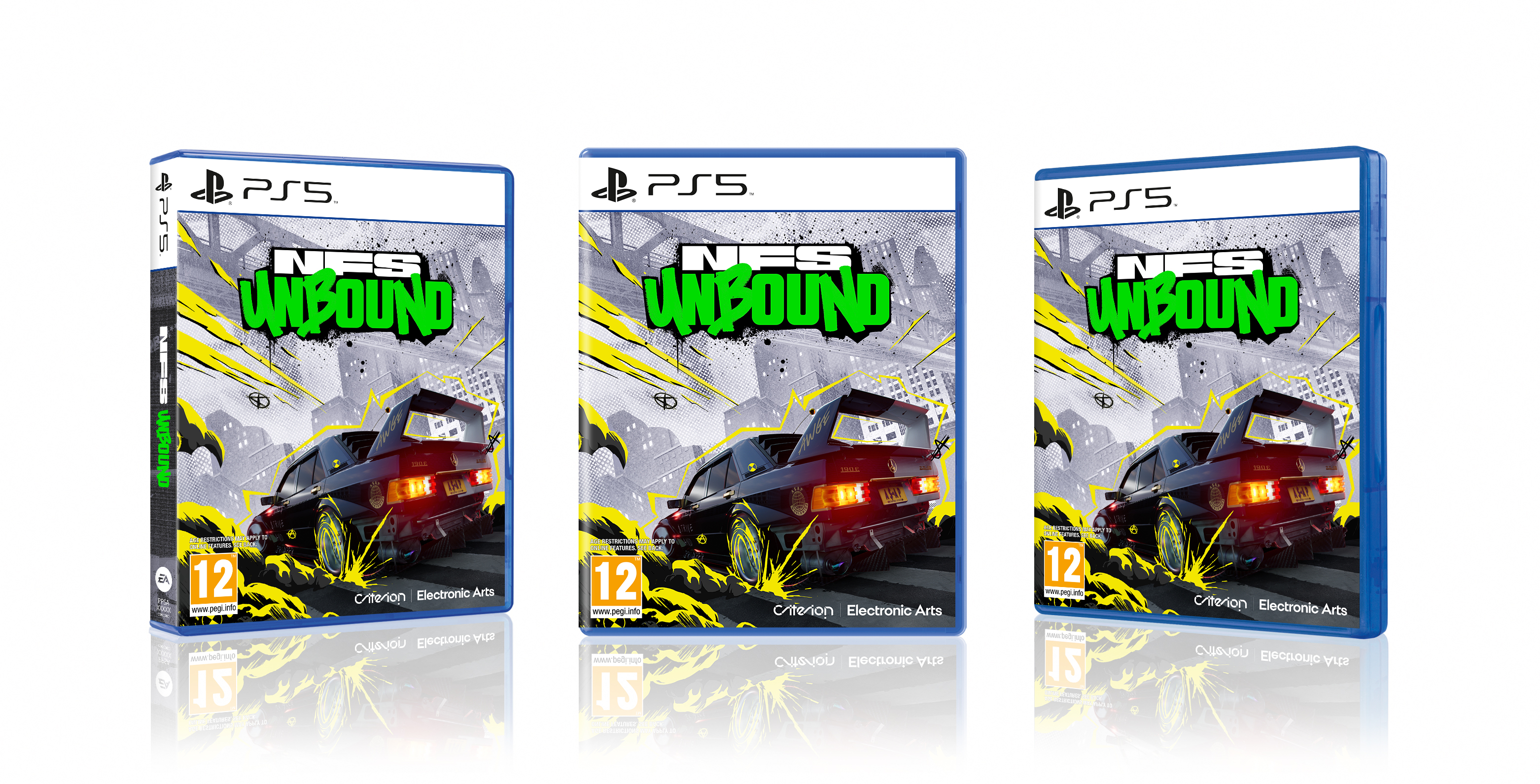 Trzy pudełka z grą Need for Speed Unbound na PS5.