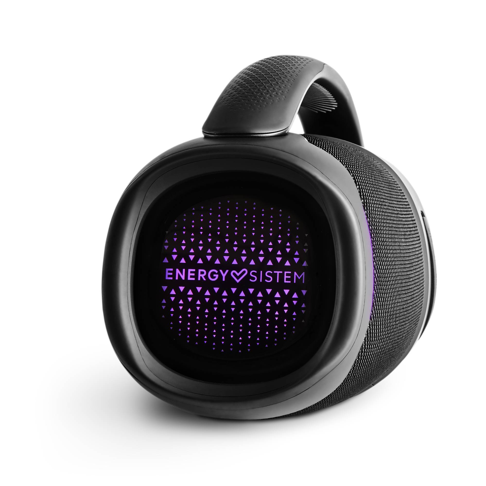 Altoparlante Energy Sistem nero con maniglia e design luminoso viola sulla parte anteriore.