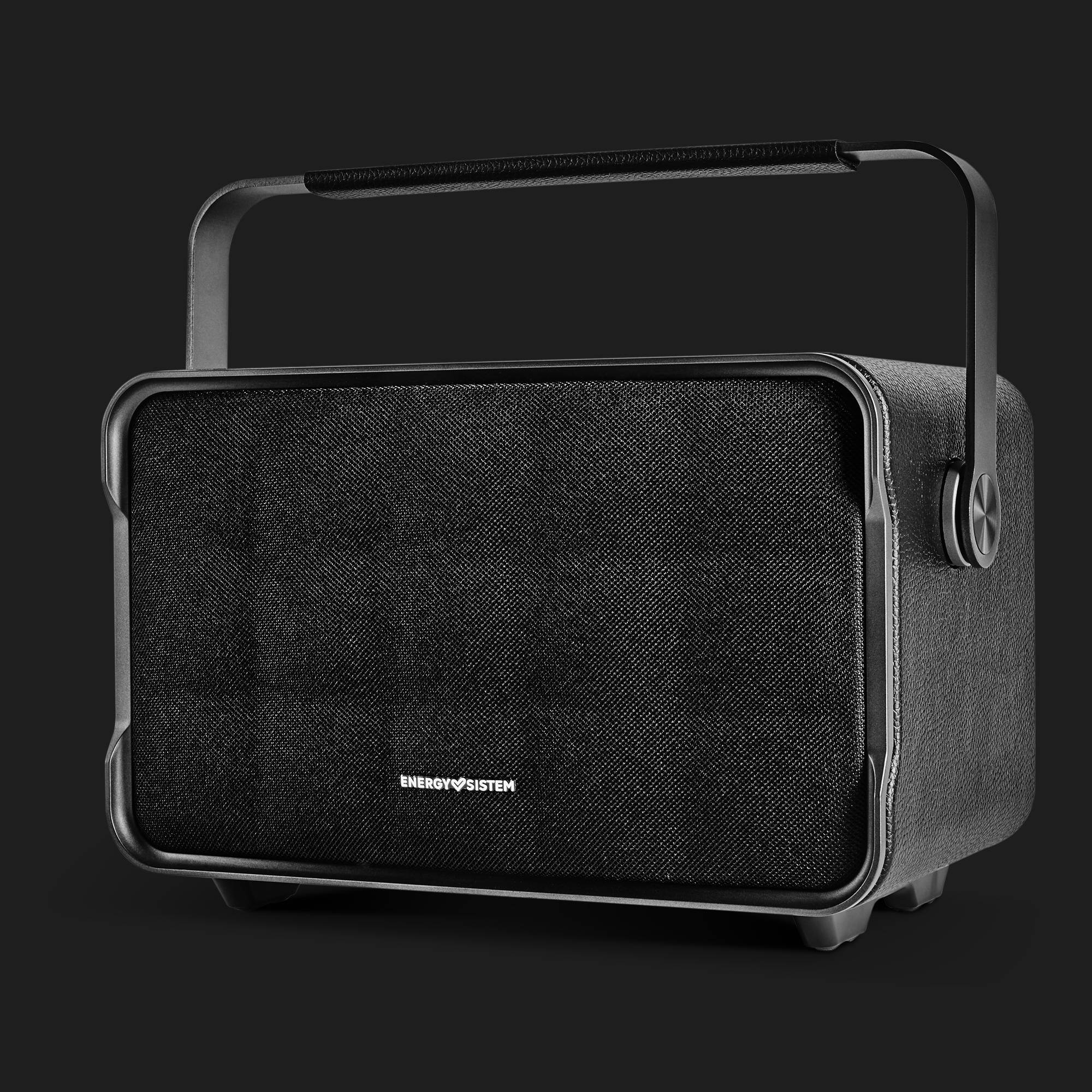 Altoparlante nero con maniglia. Testo: ENERGY SYSTEM.
