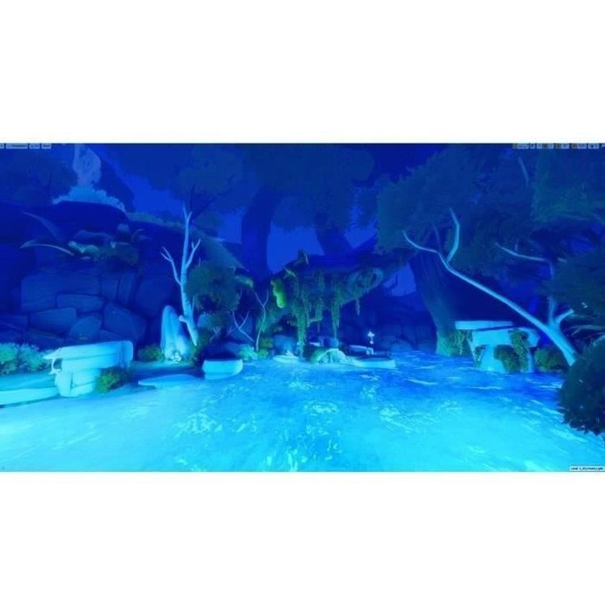 Una scena di videogioco vibrante, dai toni blu, con un fiume e alberi. L'ambiente è surreale.
