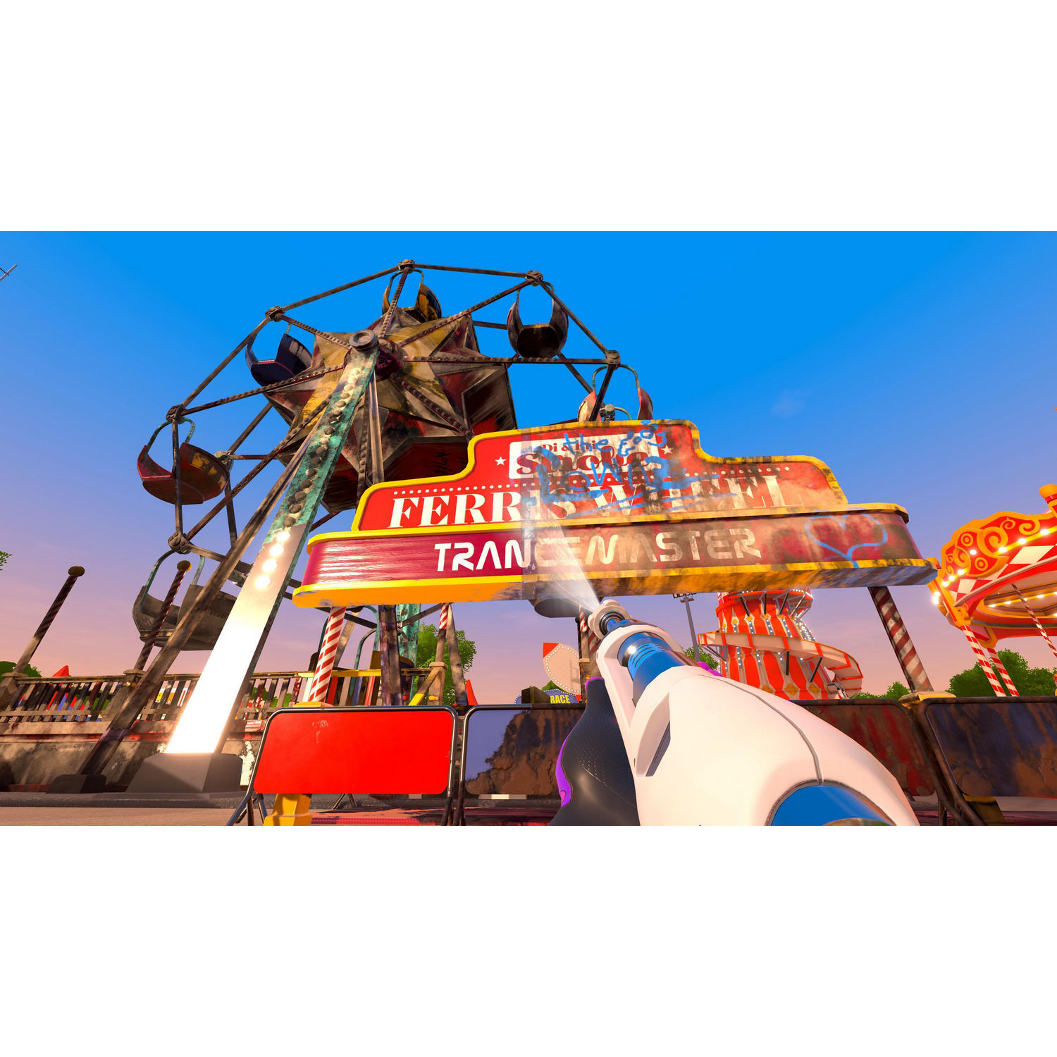 Scena z gry wideo. Osoba celuje pistoletem na wodę w diabelski młyn. Otoczenie karnawałowe.