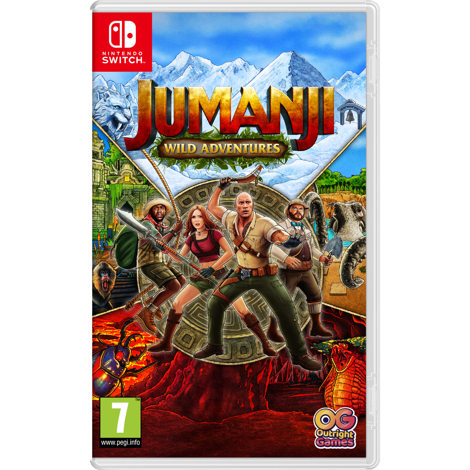 Grafica della scatola del gioco Jumanji con quattro personaggi in un ambiente giungla. Logo Nintendo Switch.