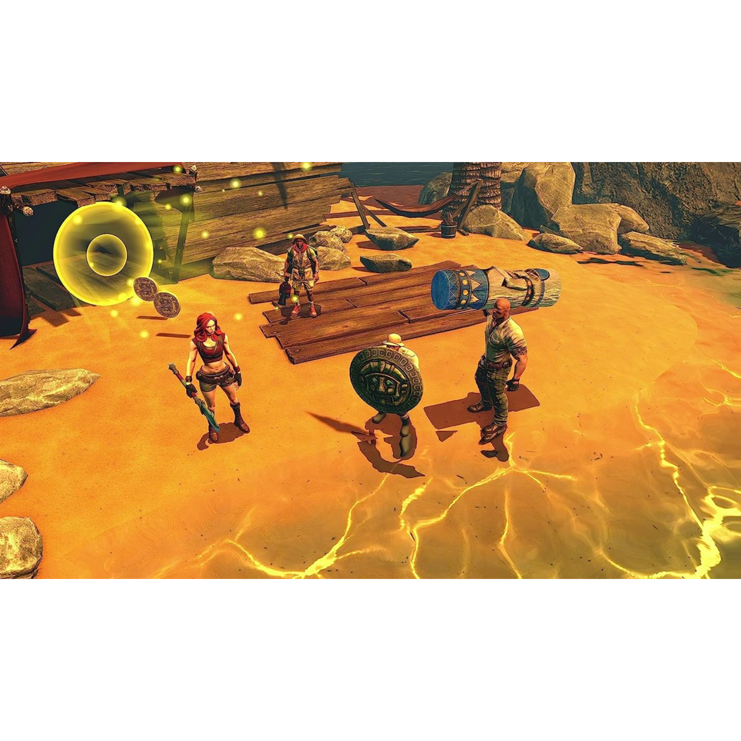 Scena di gioco a tema pirati con quattro personaggi su una spiaggia. Forziere del tesoro ed effetti visibili.