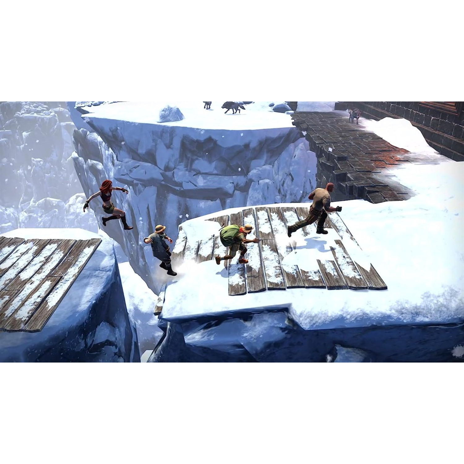 Personaggi che corrono su piattaforme innevate. Sono in un ambiente invernale con montagne innevate e un ponte di legno.