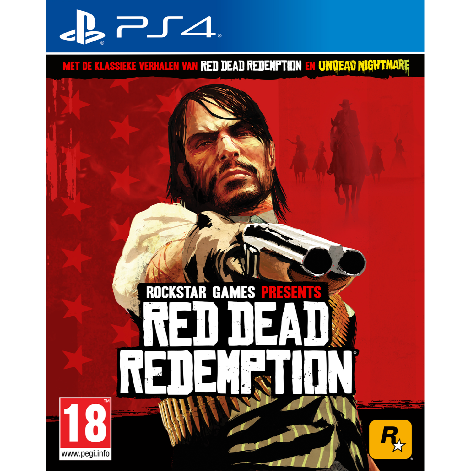 Red Dead Redemption PS4 game cover. A man with a gun stands in front of a red background.