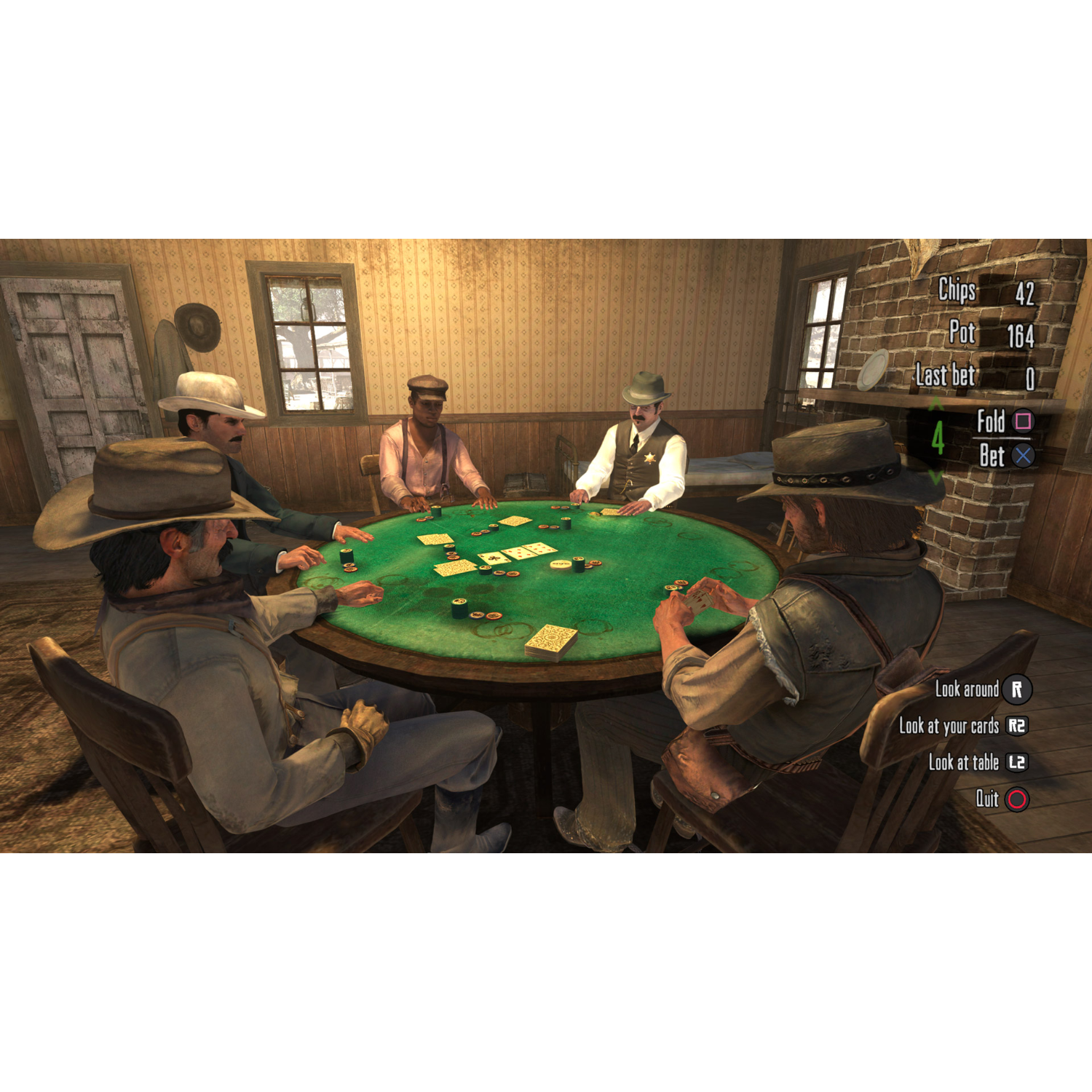 Video game scene, poker game with five men around a green table.