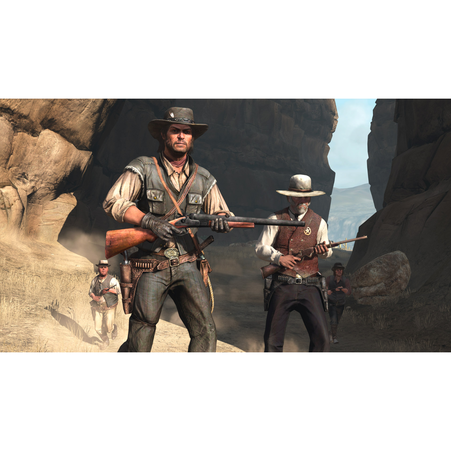 Two cowboys in a desert landscape, armed with rifles, and another two in the background.