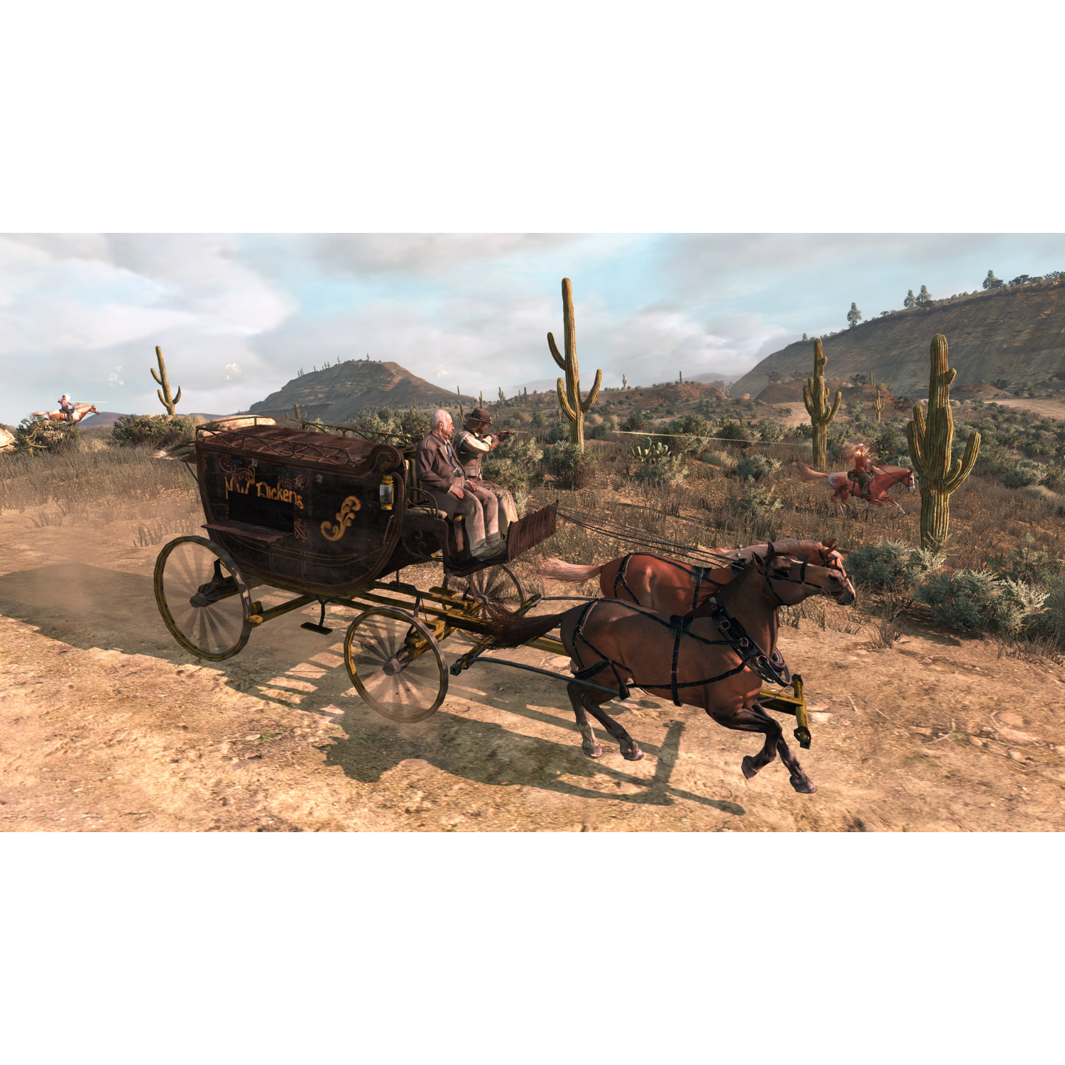 A horse-drawn carriage in a desert setting. Riders on horses are in the background.