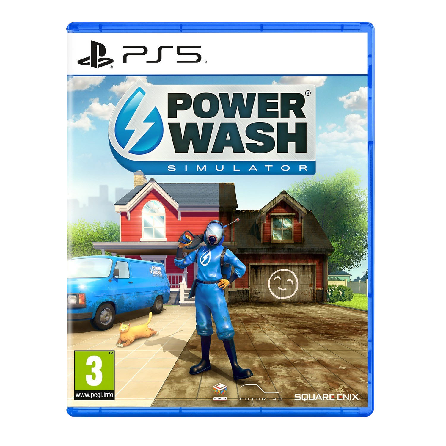 Pudełko z grą Power Wash Simulator. Postać myje dom.