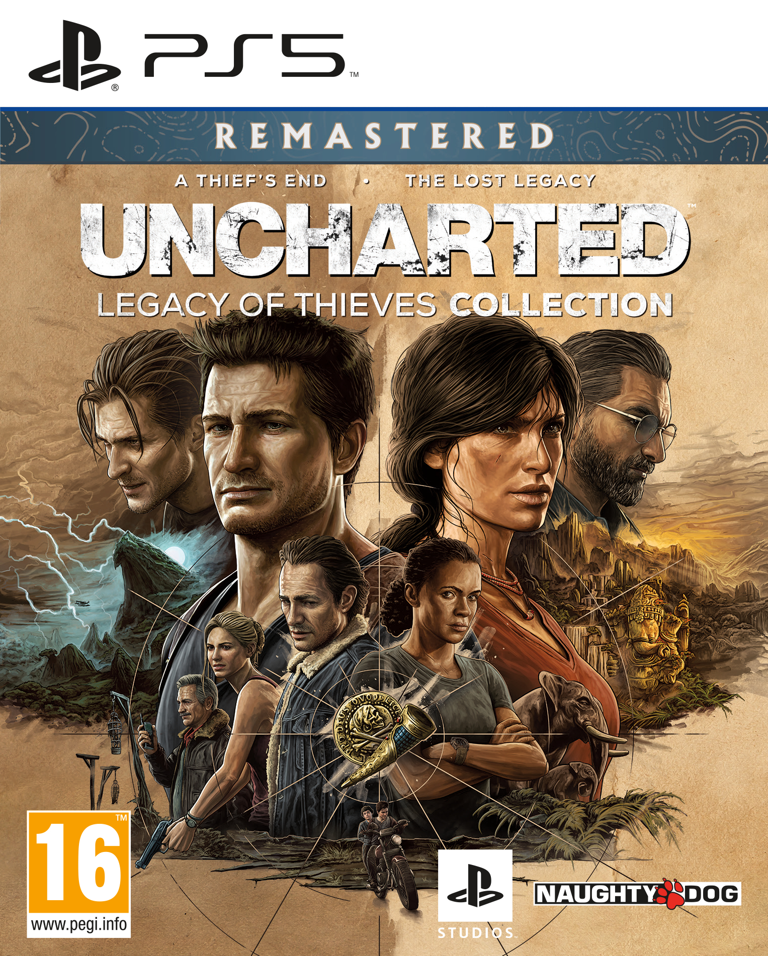 Copertina del gioco Uncharted: Legacy of Thieves Collection per PS5. I personaggi sono mostrati in una scena.