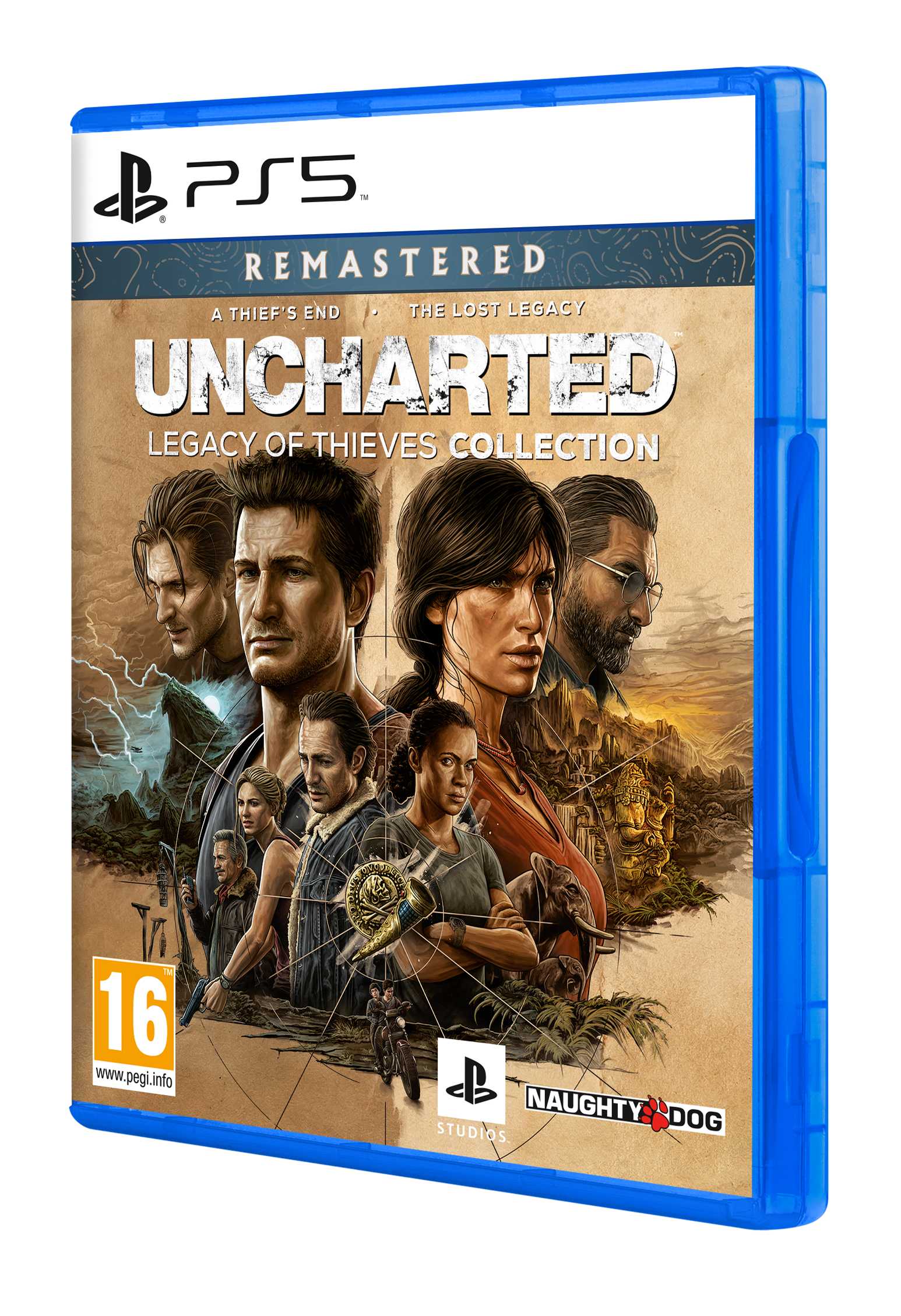 Copertina del gioco: ritratti dei personaggi, titolo 'Uncharted', custodia blu PS5.