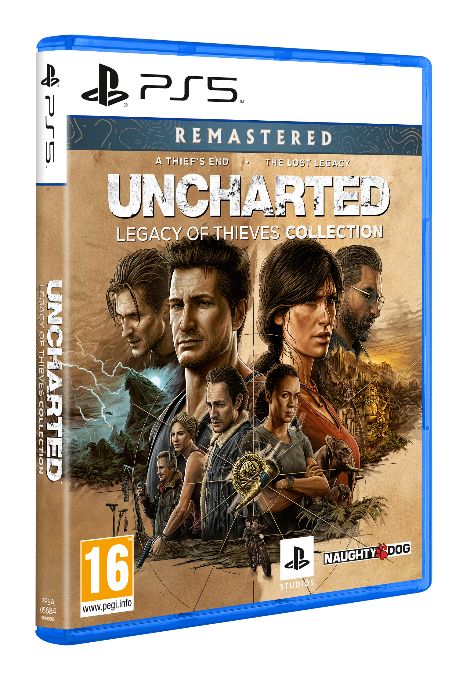 Copertina del gioco Uncharted: Legacy of Thieves Collection con più ritratti di personaggi.