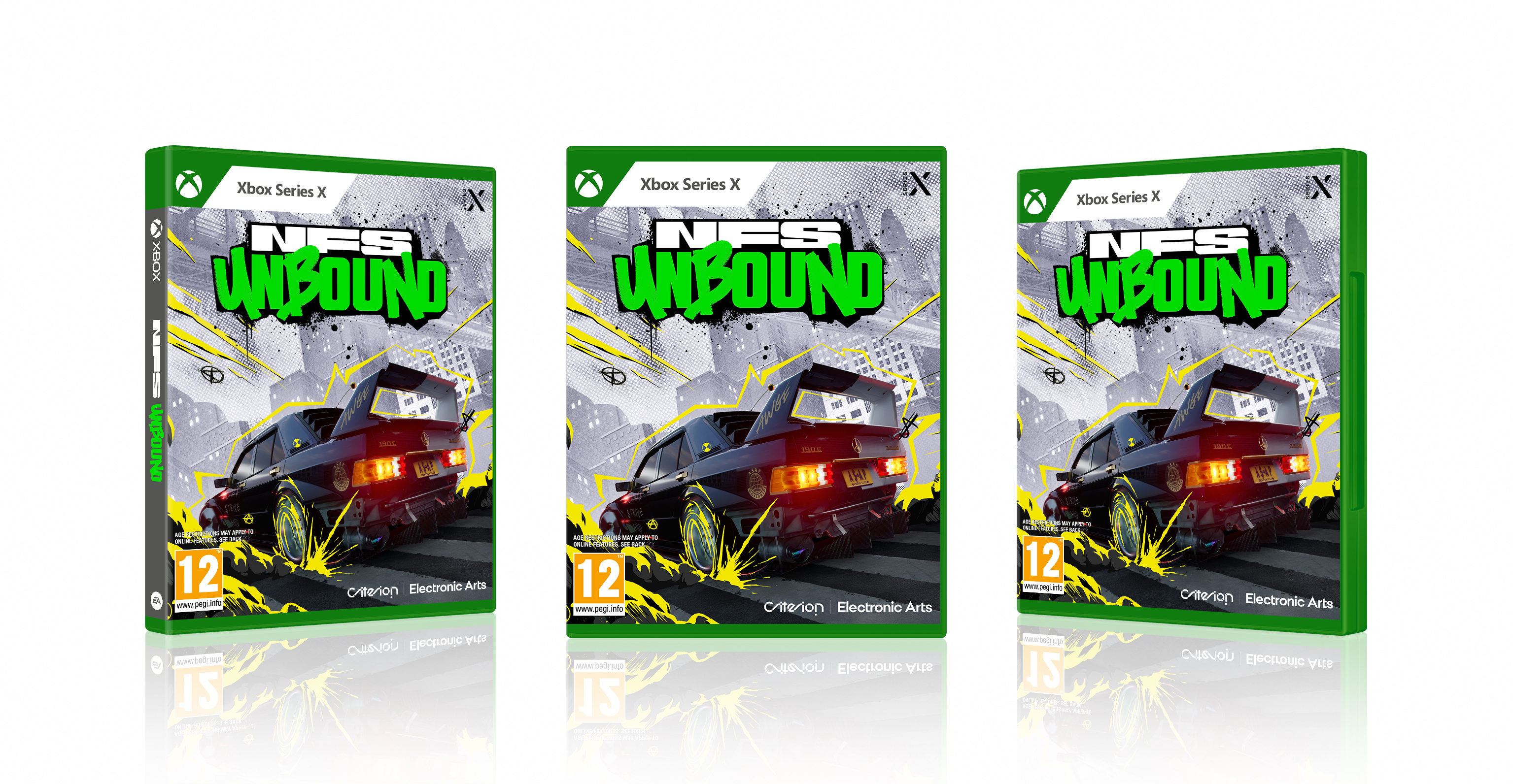 Three game boxes: 'NFS Unbound' with a car and graffiti art against a city background.