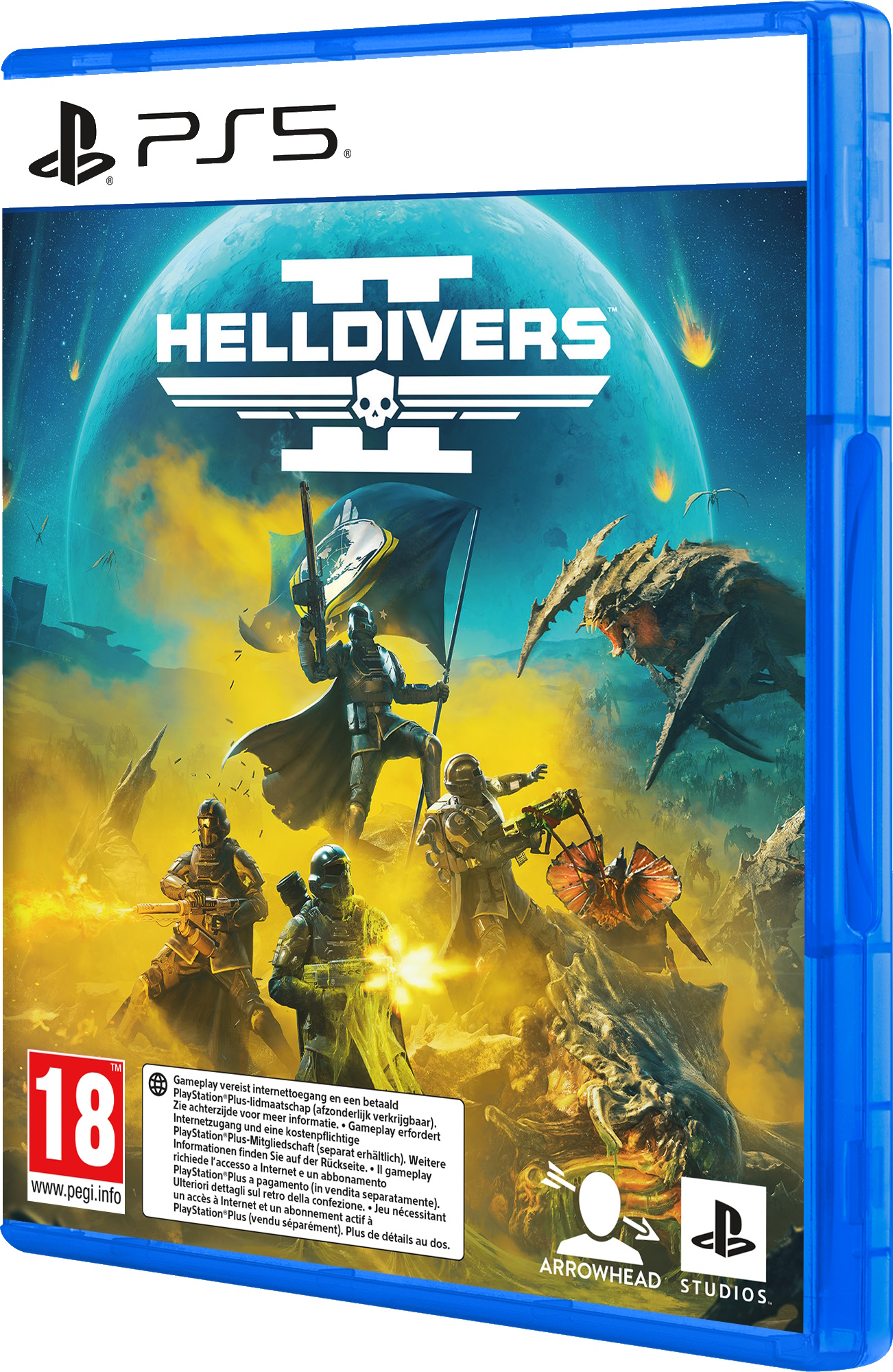 Helldivers 2 game cover. Soldaten in gevecht, buitenaardse wezens en een ruimteschip. PS5 game case.