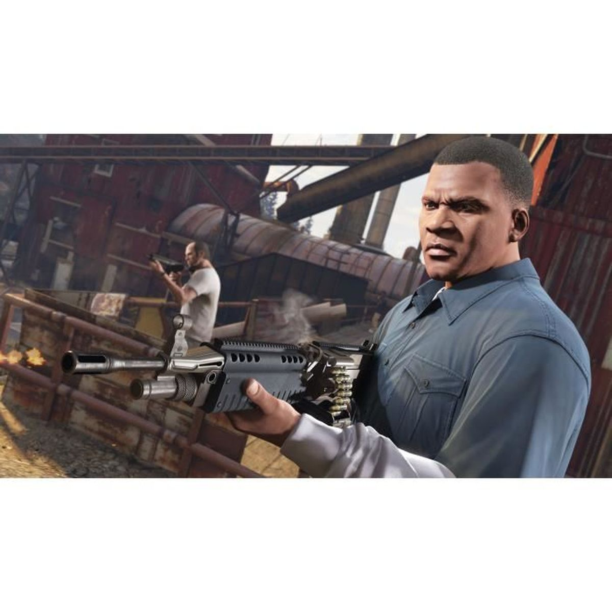 Een man houdt een pistool vast, een ander op de achtergrond. Beide bevinden zich in een game-scene.