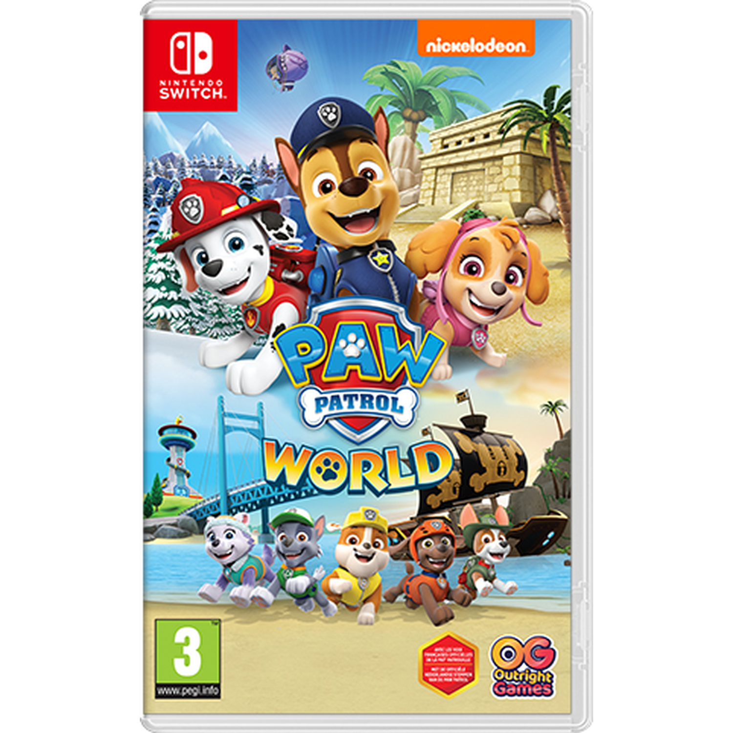 Gamecase, Paw Patrol World. Paw Patrol-personages op de voorkant. Kleurrijke scène met brug en strand.