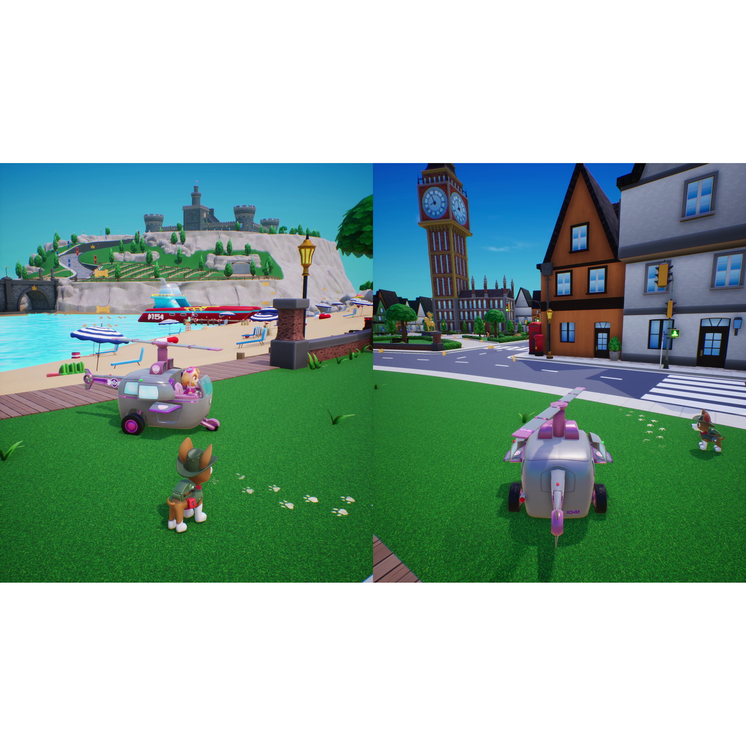 Twee Paw Patrol-scènes. Helikopters en personages in cartoonstijl, één op het strand, de andere voor de Big Ben.