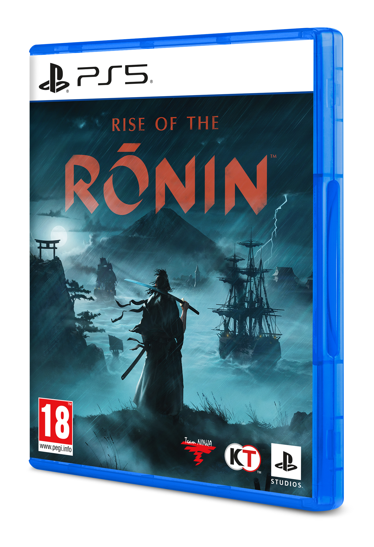 PS5 game case for 'Rise of the Ronin'. Displays a warrior with a sword, stormy scene, and Japanese architecture.