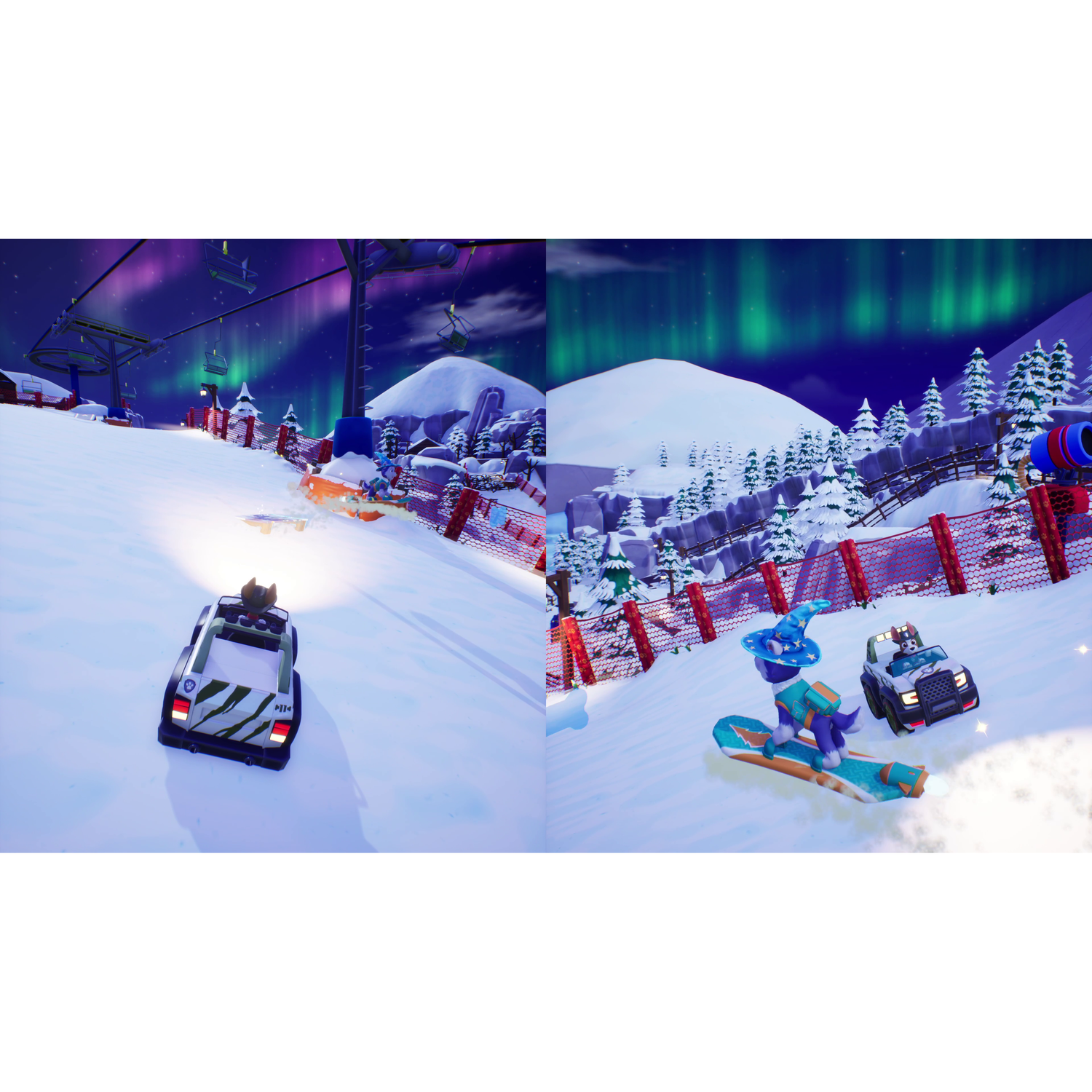 Een winterse scène met auto's op een besneeuwde helling. Eén is een politieauto, de ander een snowboarder.