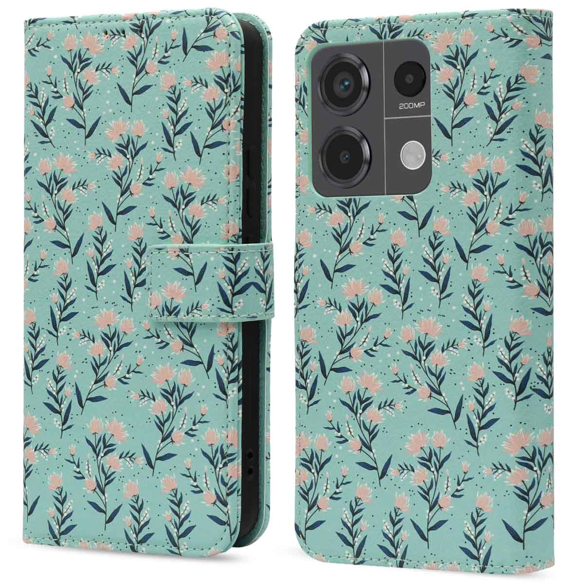 Telefoonhoesje met een bloemenpatroon. De hoes is lichtblauw. Het heeft uitsparingen voor camera en knoppen.