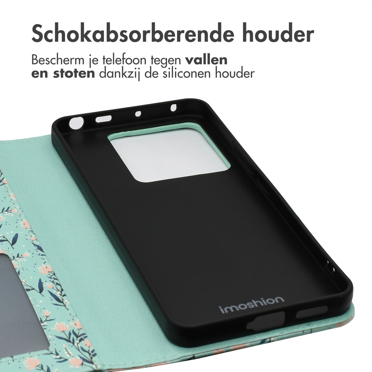 Een telefoonhoesje, open, zwart van binnen, lichtgroen bloemmotief aan de buitenkant. De merknaam is 'imoshion'.