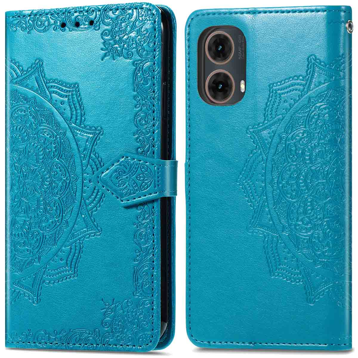 Custodia blu per telefono con un design mandala. La custodia è chiusa e aperta, mostrando il design interno.