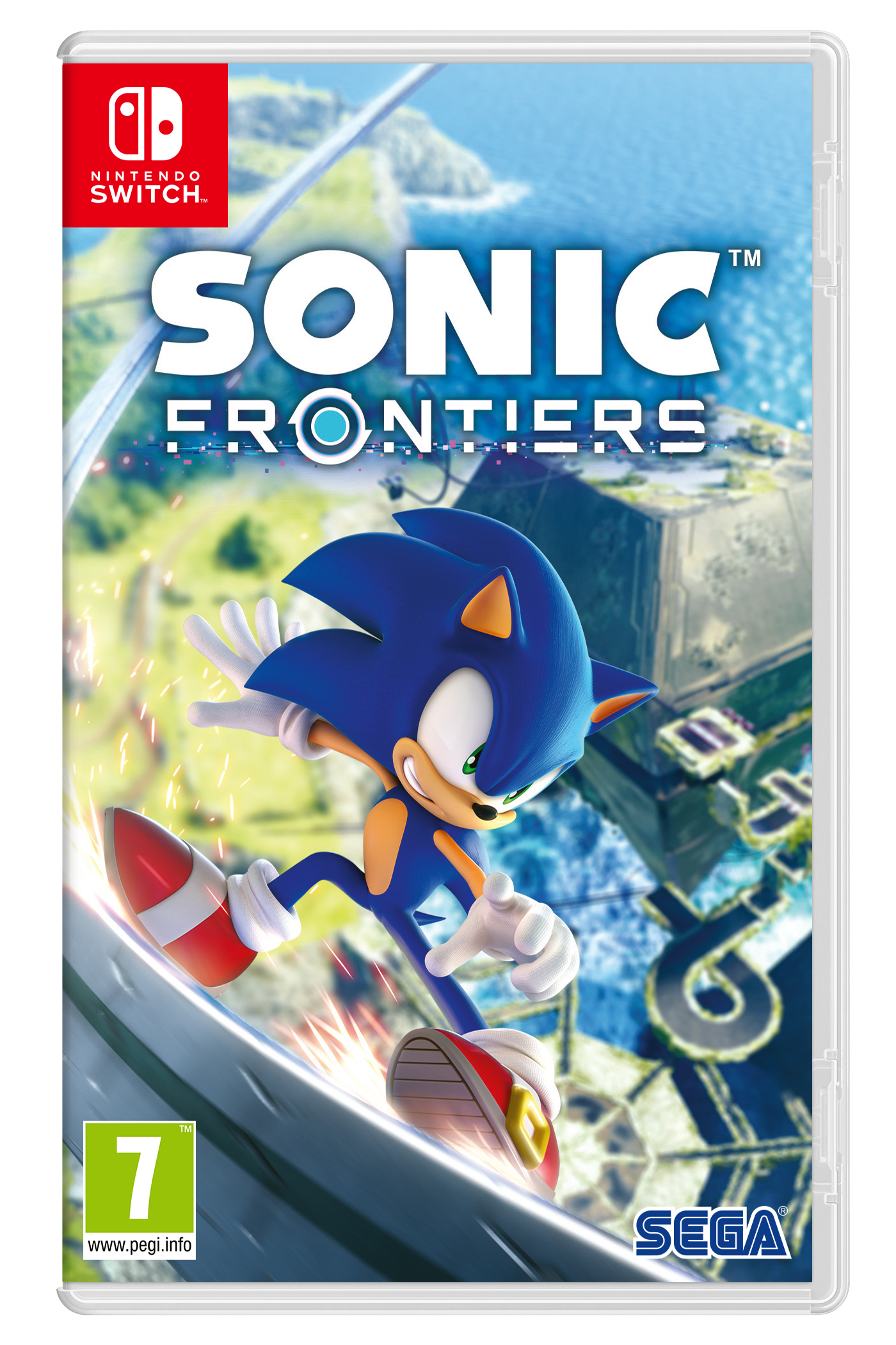 Sonic the Hedgehog rent op een gebogen baan, met de speltitel 'Sonic Frontiers' op de doos.