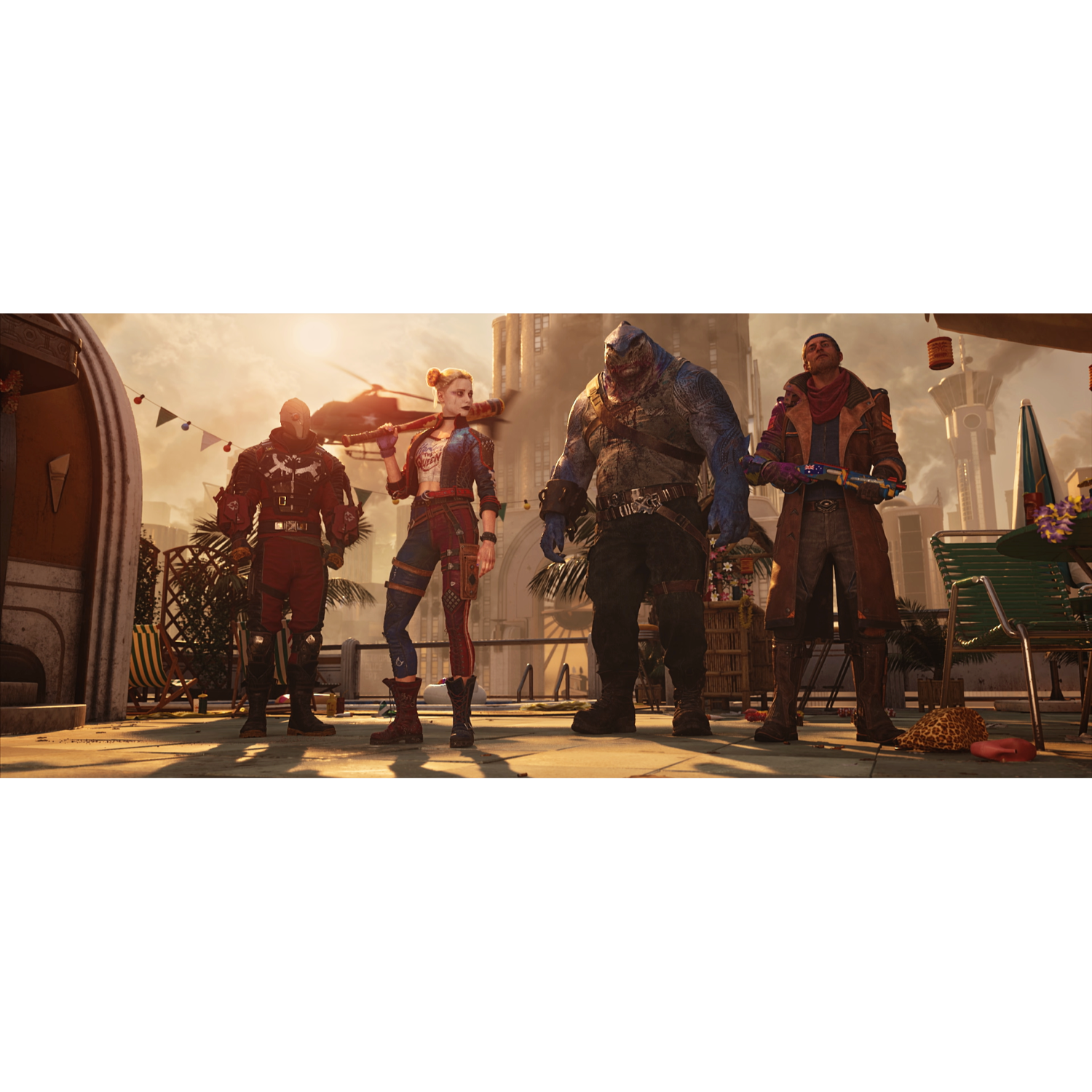 Vier personages uit Suicide Squad staan op een dak. Gebouwen van de stad op de achtergrond.