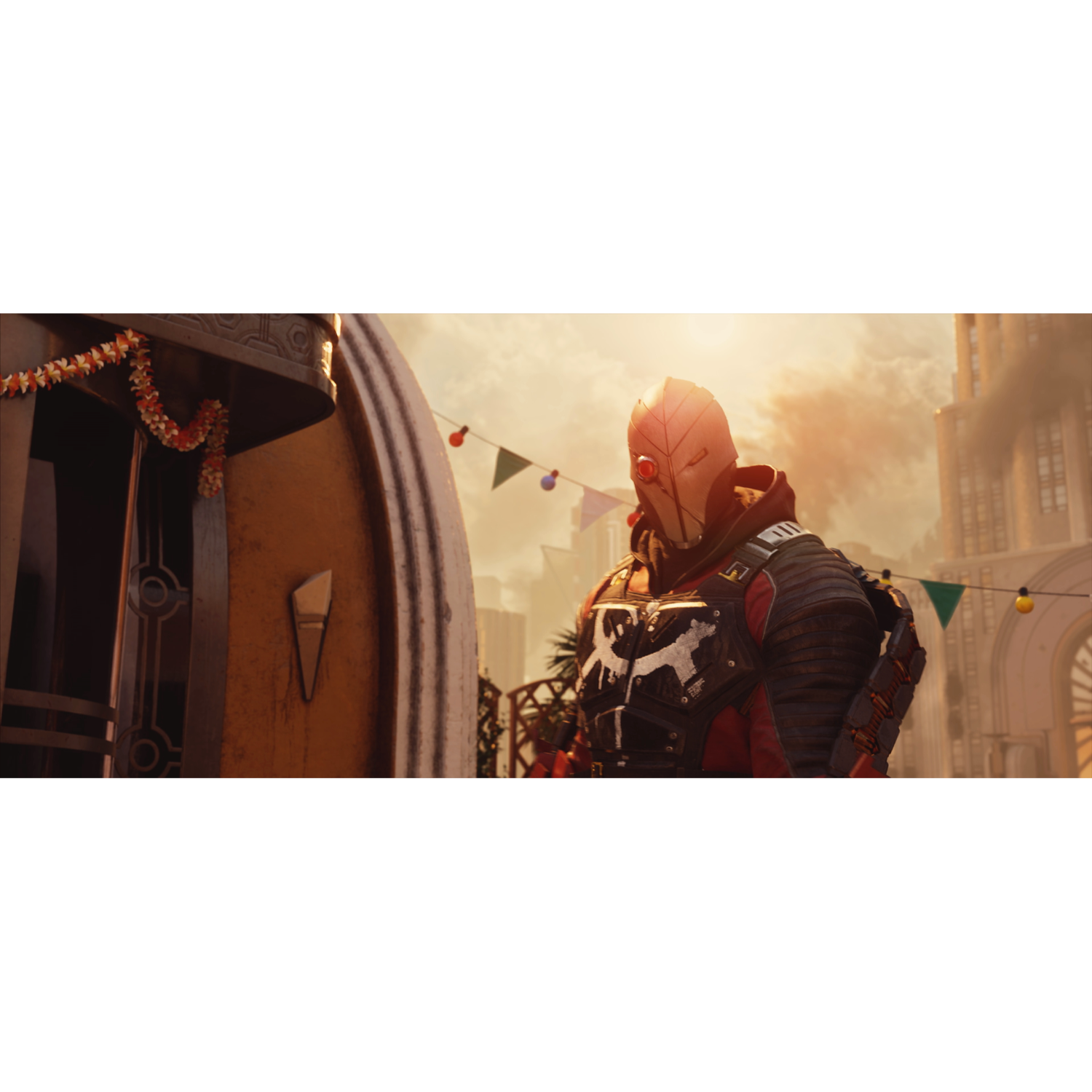 Een personage met rode helm en harnas staat in een stad met een banner.