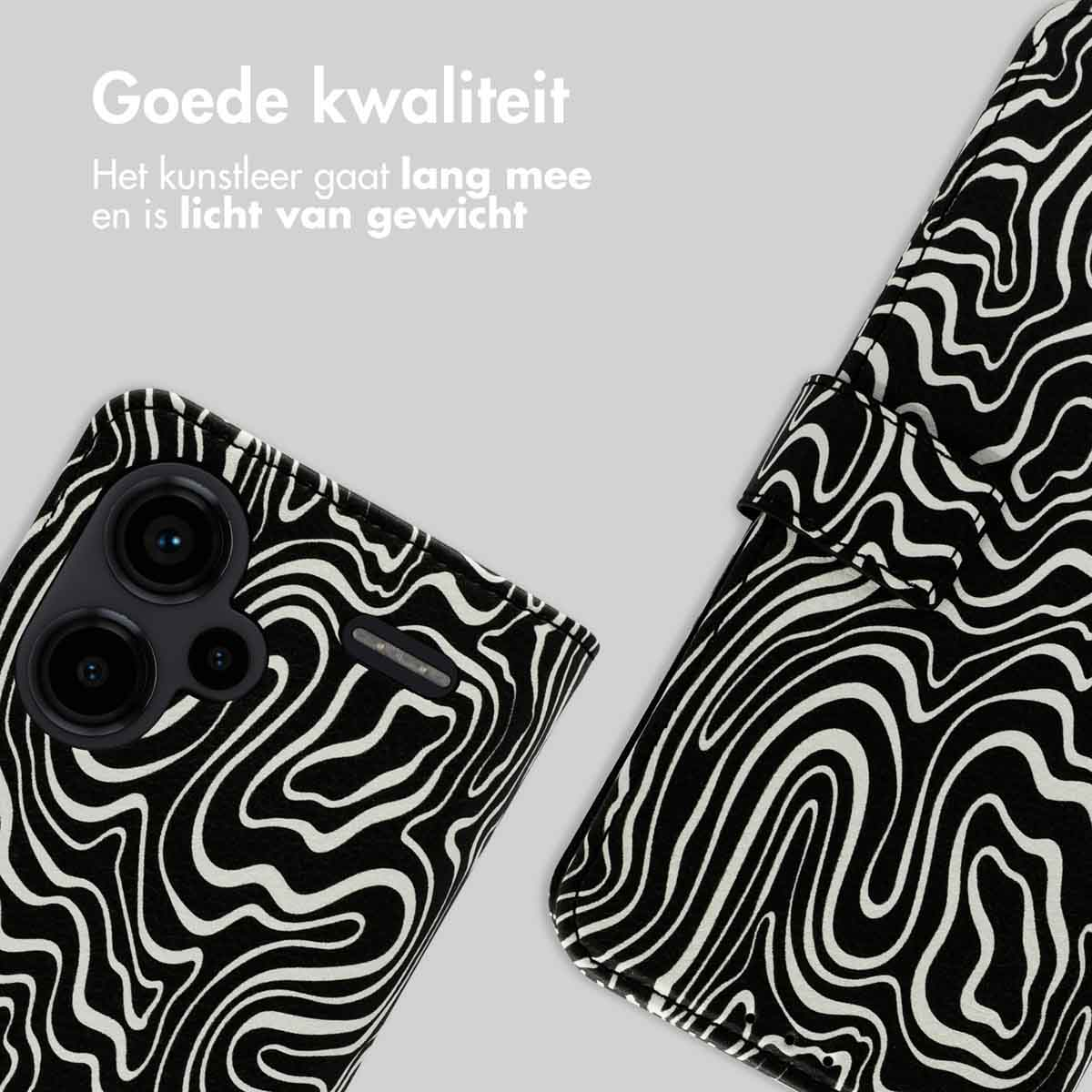 Close-up van telefoonhoesje en een hoes. Zwart-witte golvende lijnen. Goede kwaliteit tekst.
