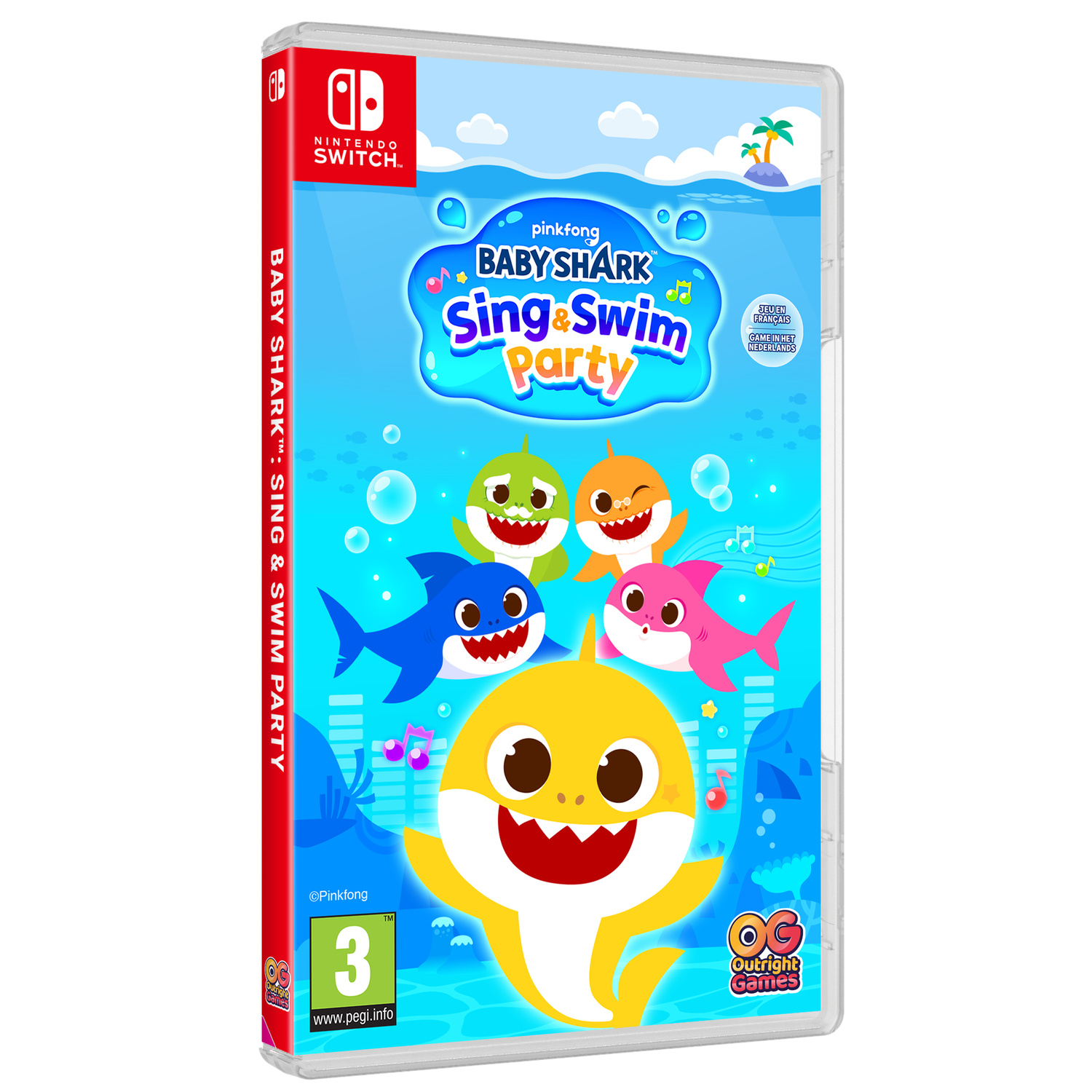 Scatola del gioco Baby Shark. Squali dei cartoni animati su sfondo blu.